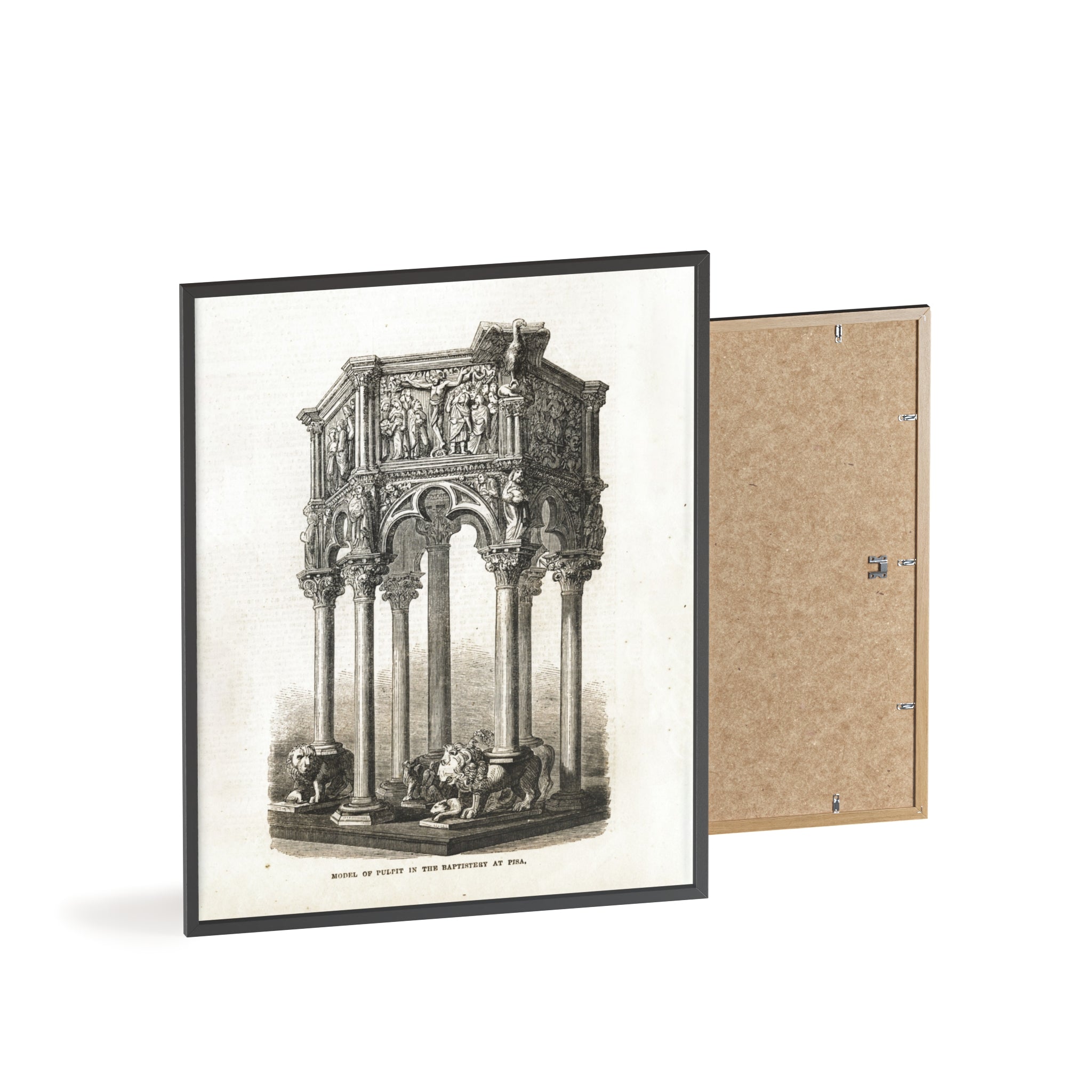 Model of Pulpit in the Baptistery at PISA. Antique Architectural Print Poster — Gothic Baptistery Illustration in Wooden Frame