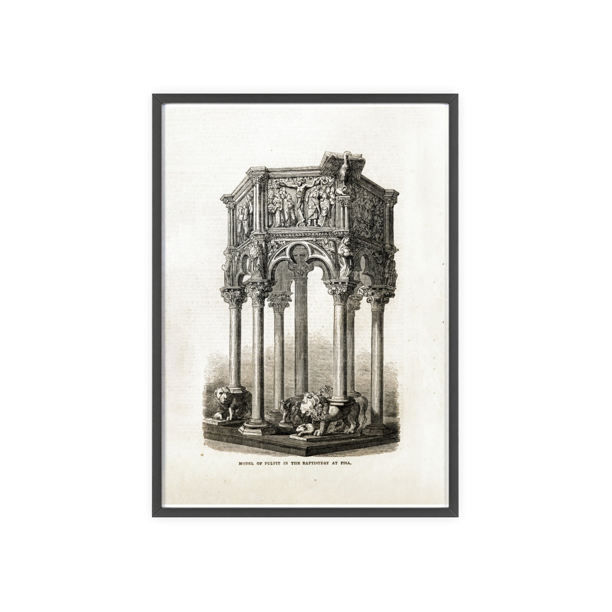 Model of Pulpit in the Baptistery at PISA. Antique Architectural Print Poster — Gothic Baptistery Illustration in Wooden Frame