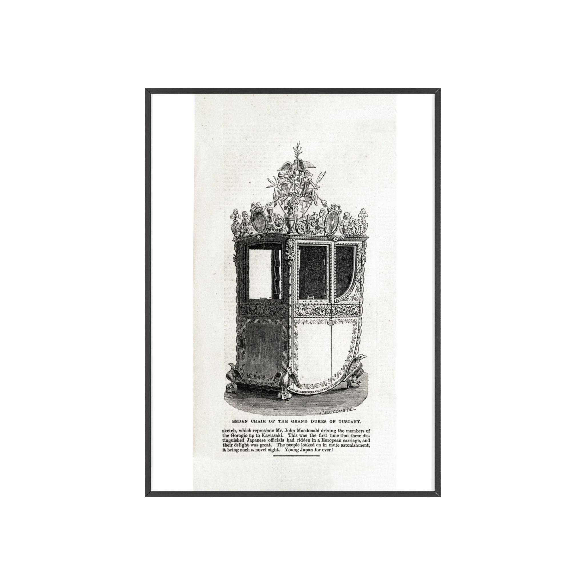Chair of the GRAND DUKES of TUSCANY. Antique Carriage Print Poster with Wooden Frame — Vintage Engraving Wall Art