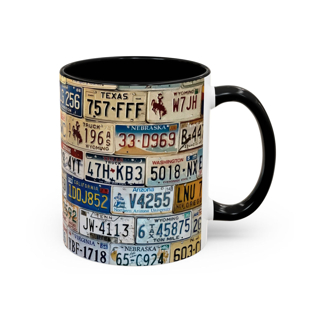 License Plate Collage Coffee Mug — Route 66, Vintage Road Trip Accent Mug