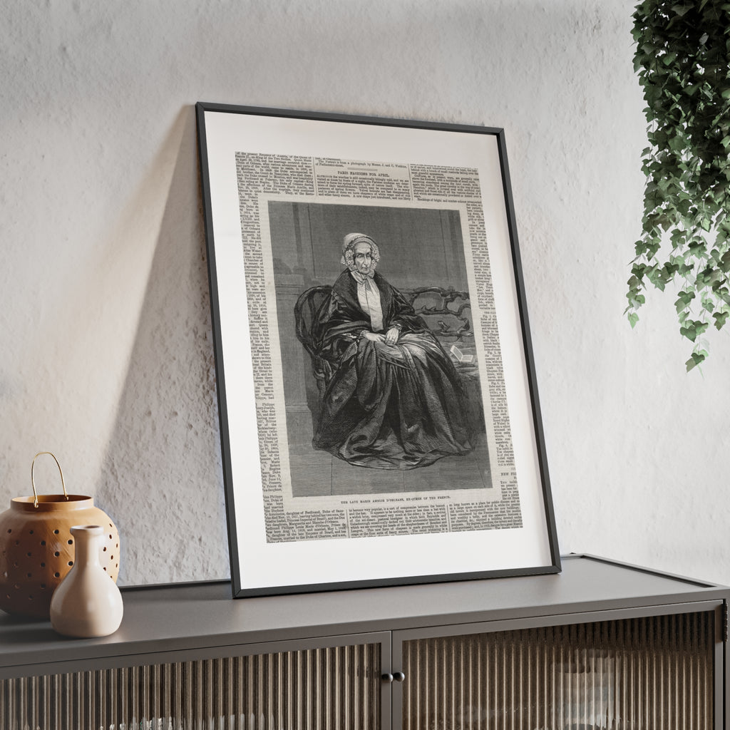 The Late Marie Amelie D'Orleans, Ex-Queen of the French. Vintage Portrait Newspaper Art Poster with Black Wooden Frame