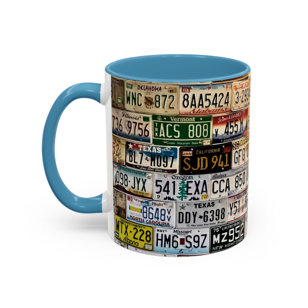 License Plate Collage Coffee Mug — Route 66, Vintage Road Trip Accent Mug