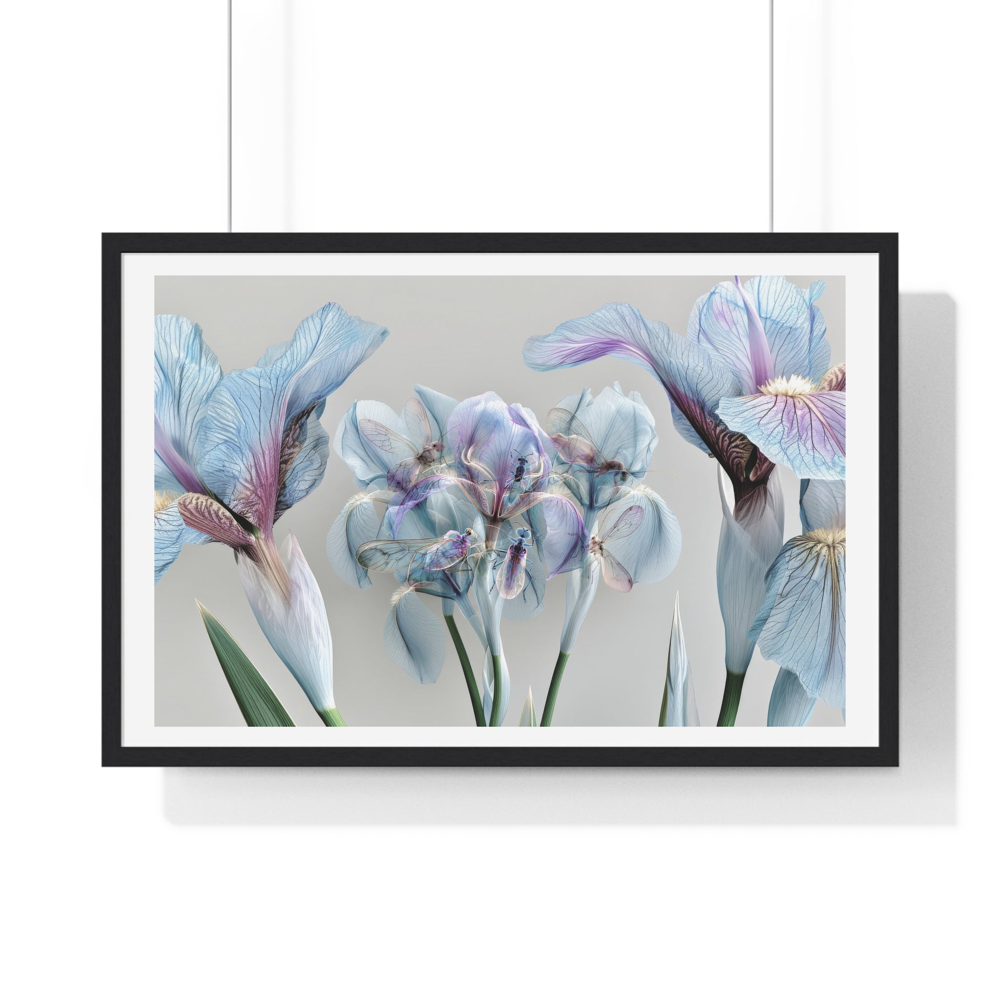 Botanical Iris Framed Poster — Soft Blue Floral Wall Art (Horizontal)