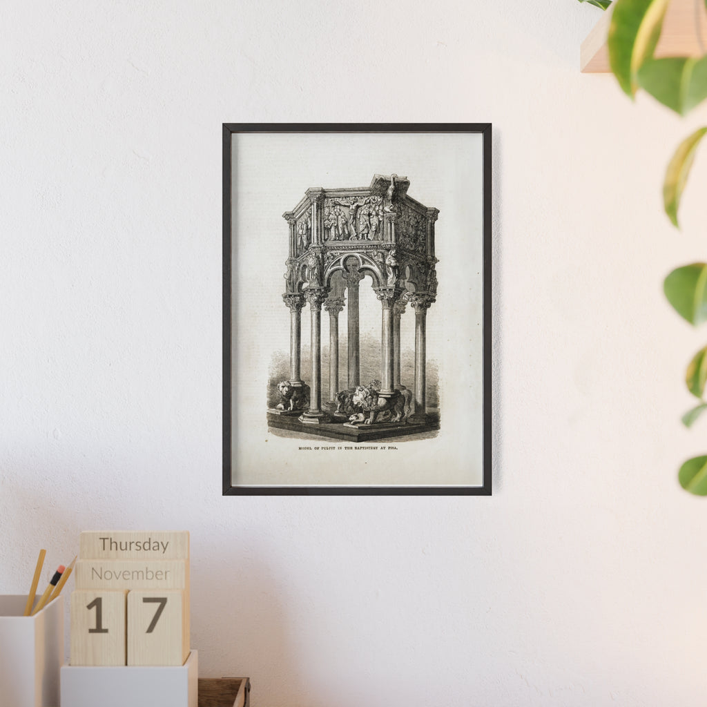 Model of Pulpit in the Baptistery at PISA. Antique Architectural Print Poster — Gothic Baptistery Illustration in Wooden Frame