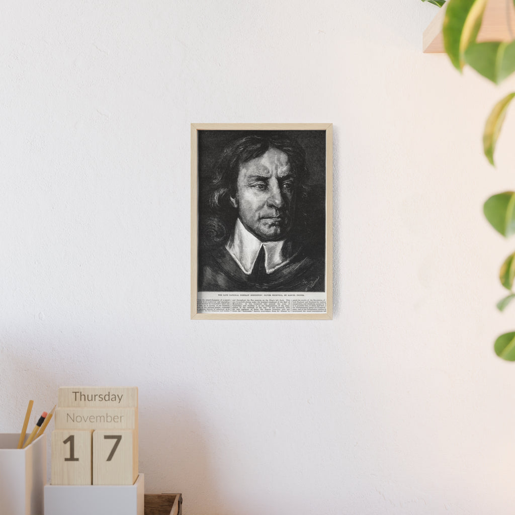 OLIVER CROMWELL. Historical Portrait Poster with Wooden Frame — Vintage Chalk-Style Print