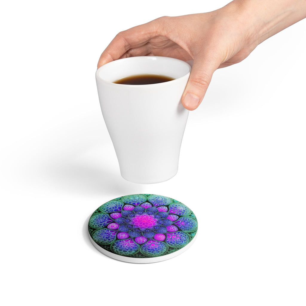 Mandala Ceramic Coaster — Vibrant Purple & Teal Floral Pattern