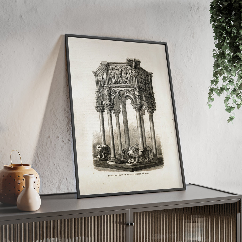 Model of Pulpit in the Baptistery at PISA. Antique Architectural Print Poster — Gothic Baptistery Illustration in Wooden Frame
