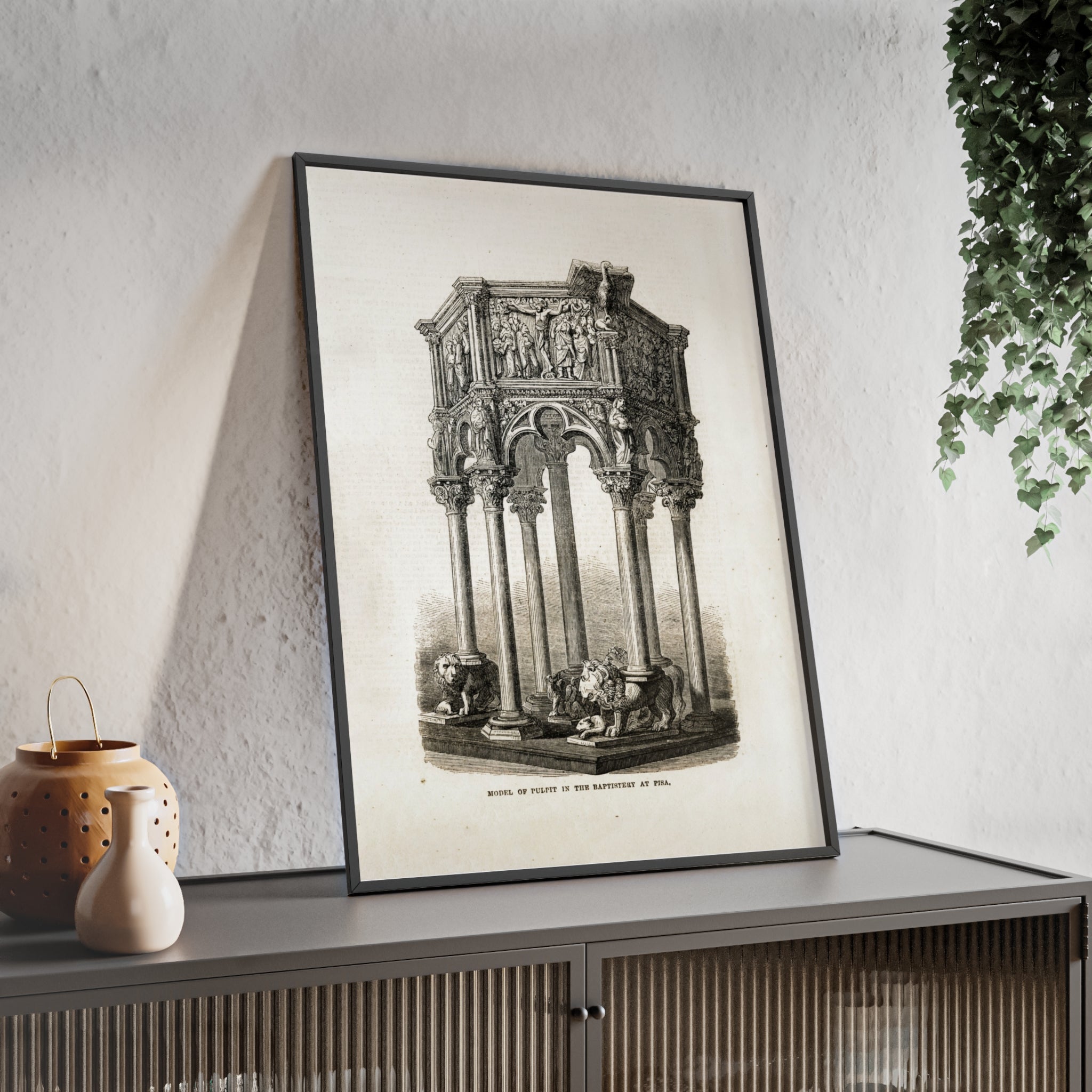 Model of Pulpit in the Baptistery at PISA. Antique Architectural Print Poster — Gothic Baptistery Illustration in Wooden Frame