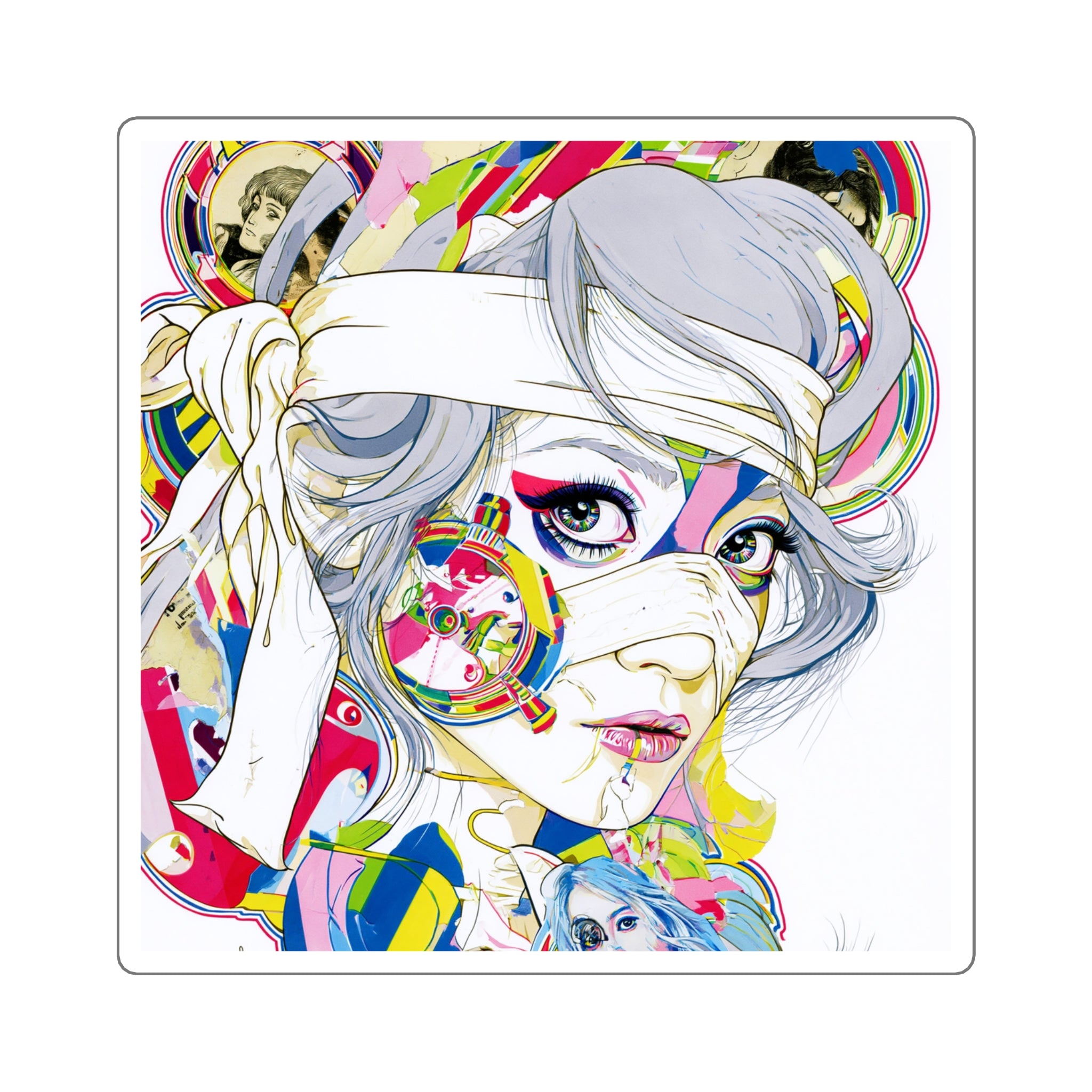Pop Art Female Portrait Square Sticker — Colorful Anime-Inspired Laptop Decal