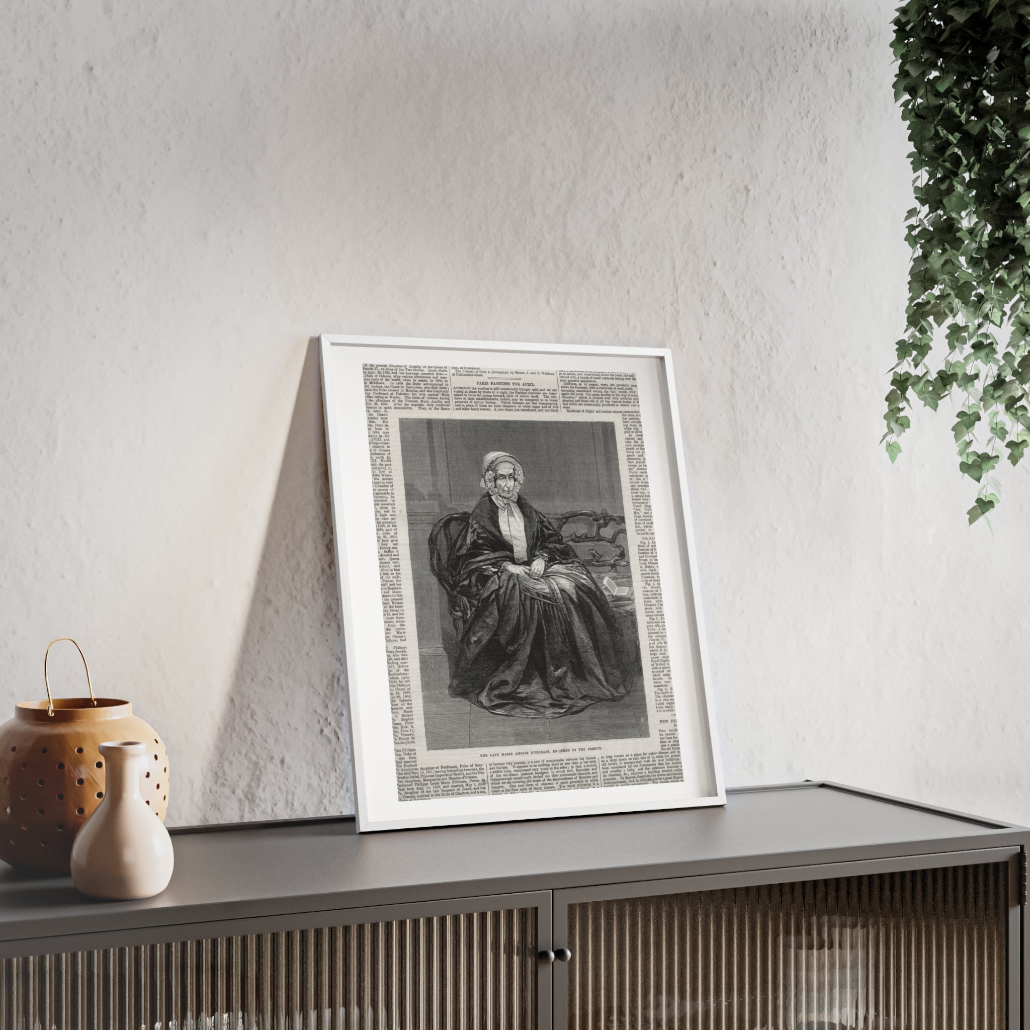 The Late Marie Amelie D'Orleans, Ex-Queen of the French. Vintage Portrait Newspaper Art Poster with Black Wooden Frame