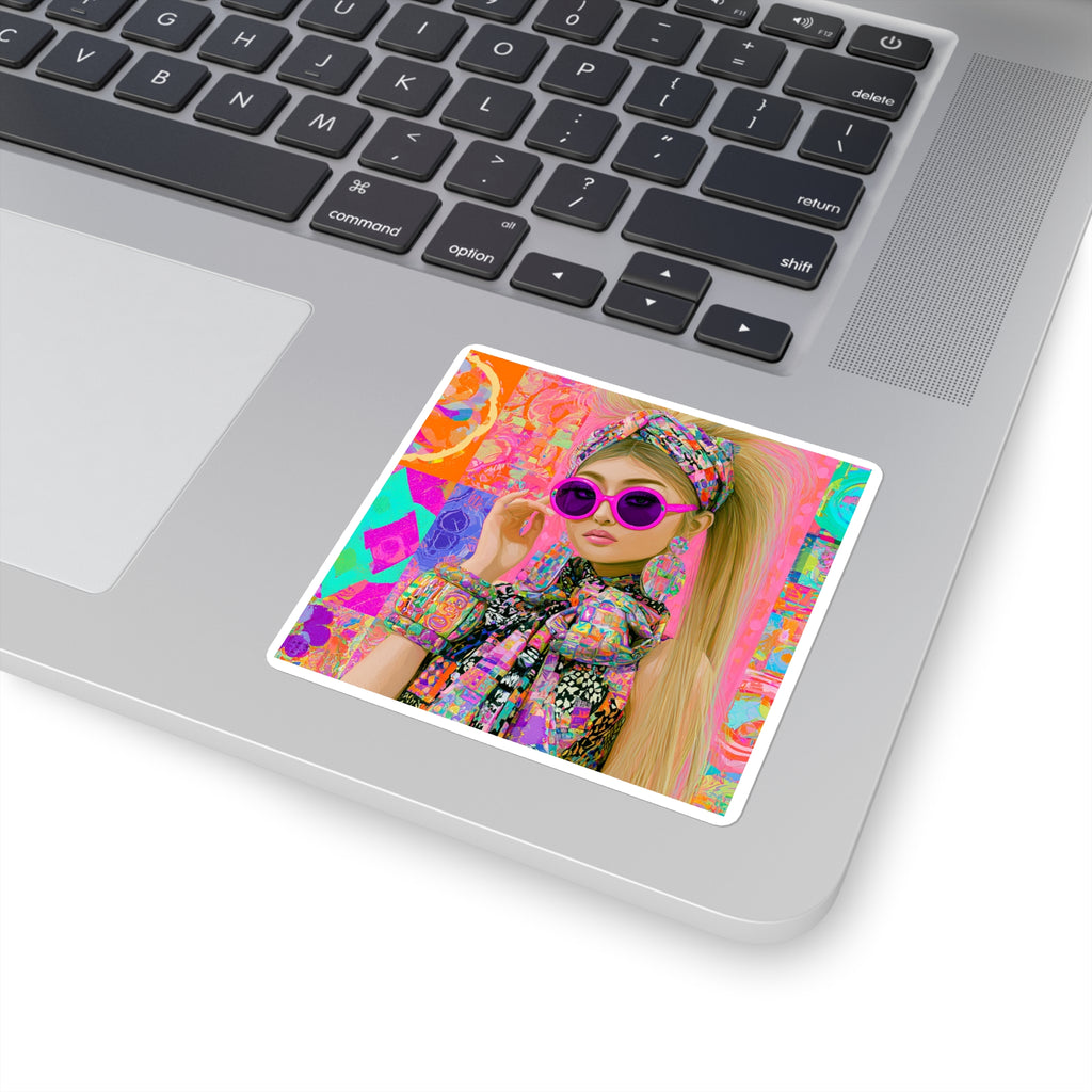 Retro Pop Art Girl Square Sticker — Colorful 60s-Inspired Fashion Decal for Laptops & Journals