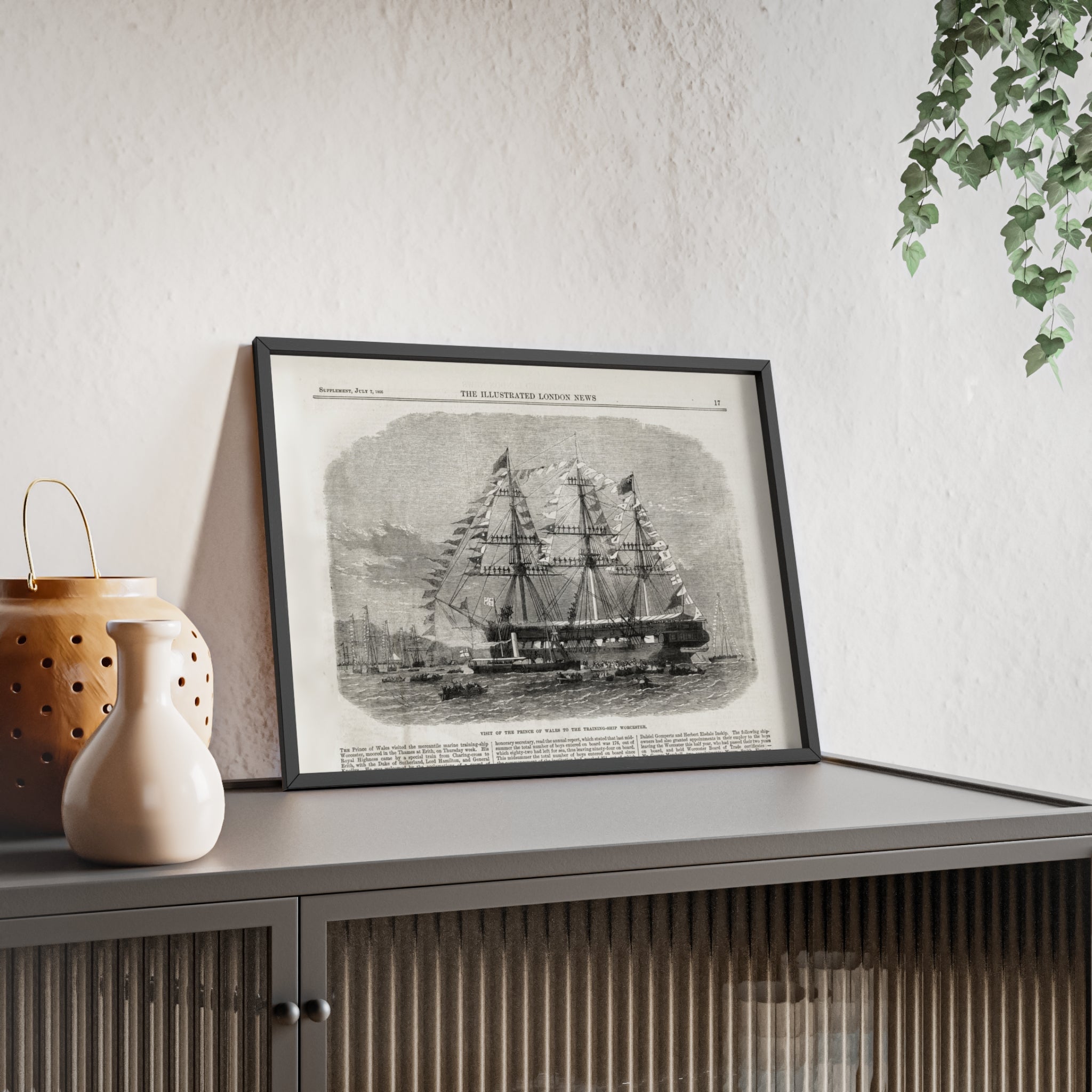 Visit of the Prince of Wales to the Training-Ship Worcester. Framed Vintage Sailing Ship Poster — Nautical Wall Art with Wooden Frame
