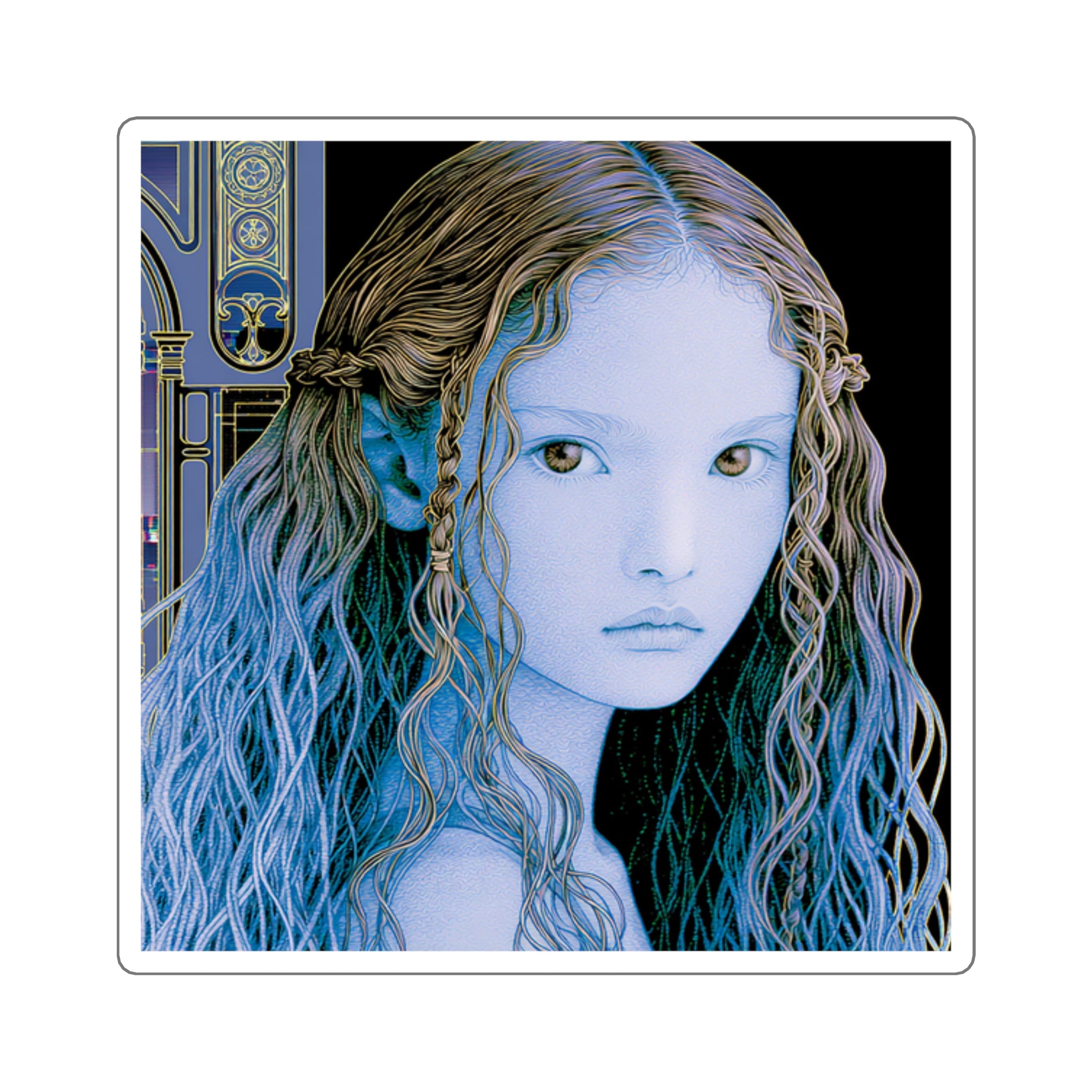 Ethereal Blue Elf Girl Square Sticker — Fantasy Anime Art Laptop Decal