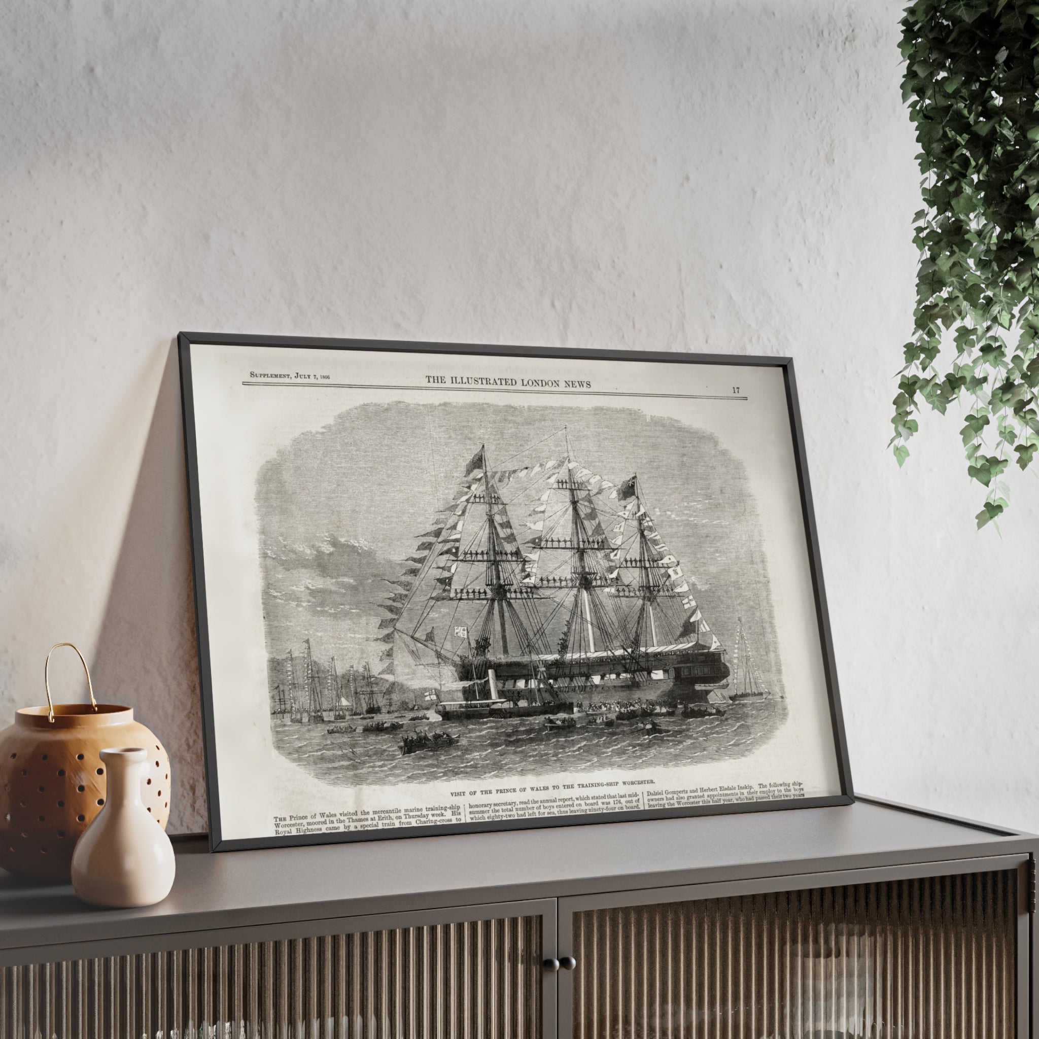 Visit of the Prince of Wales to the Training-Ship Worcester. Framed Vintage Sailing Ship Poster — Nautical Wall Art with Wooden Frame