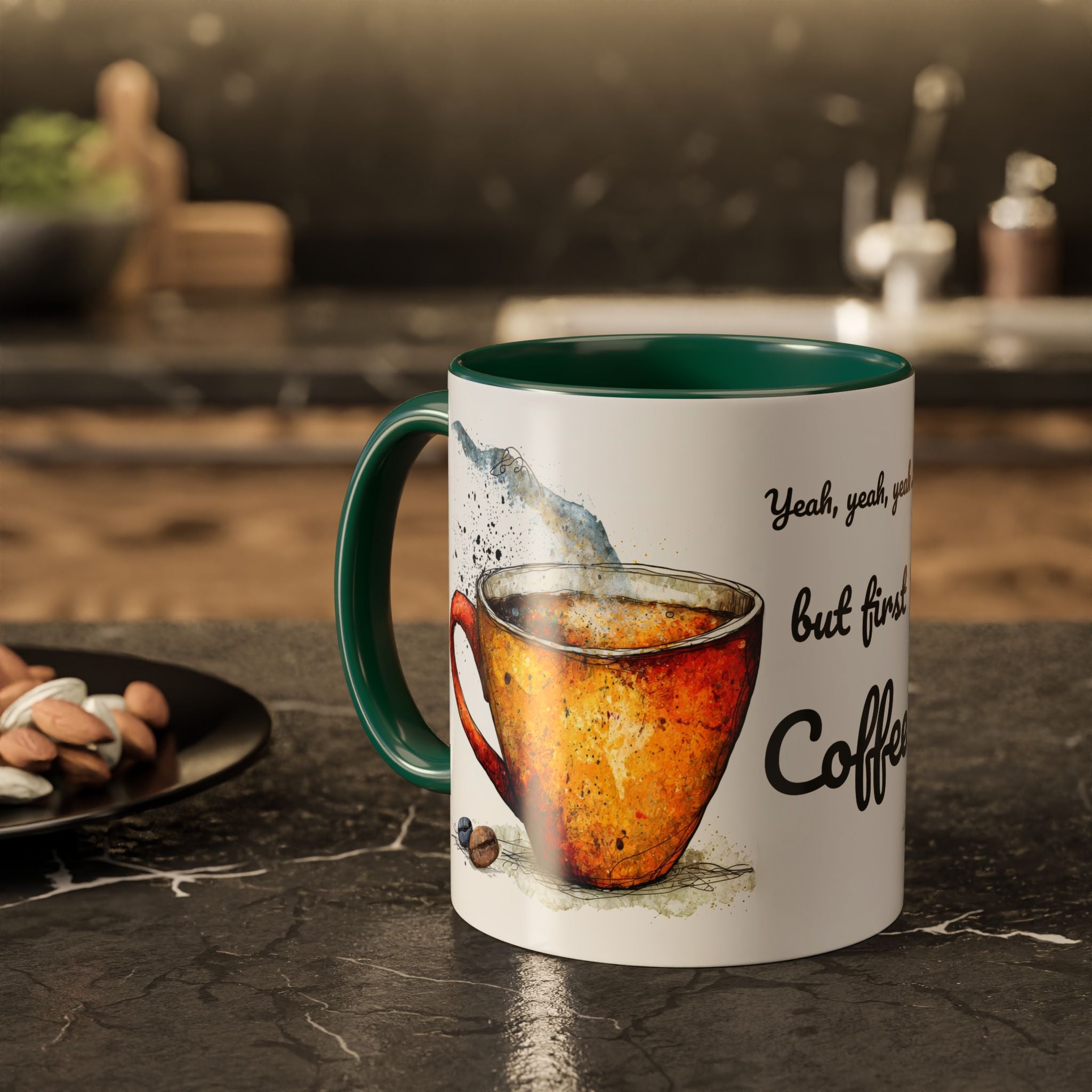 But First Coffee Ceramic Mug — Colorful Watercolor Coffee Cups (11oz & 15oz)