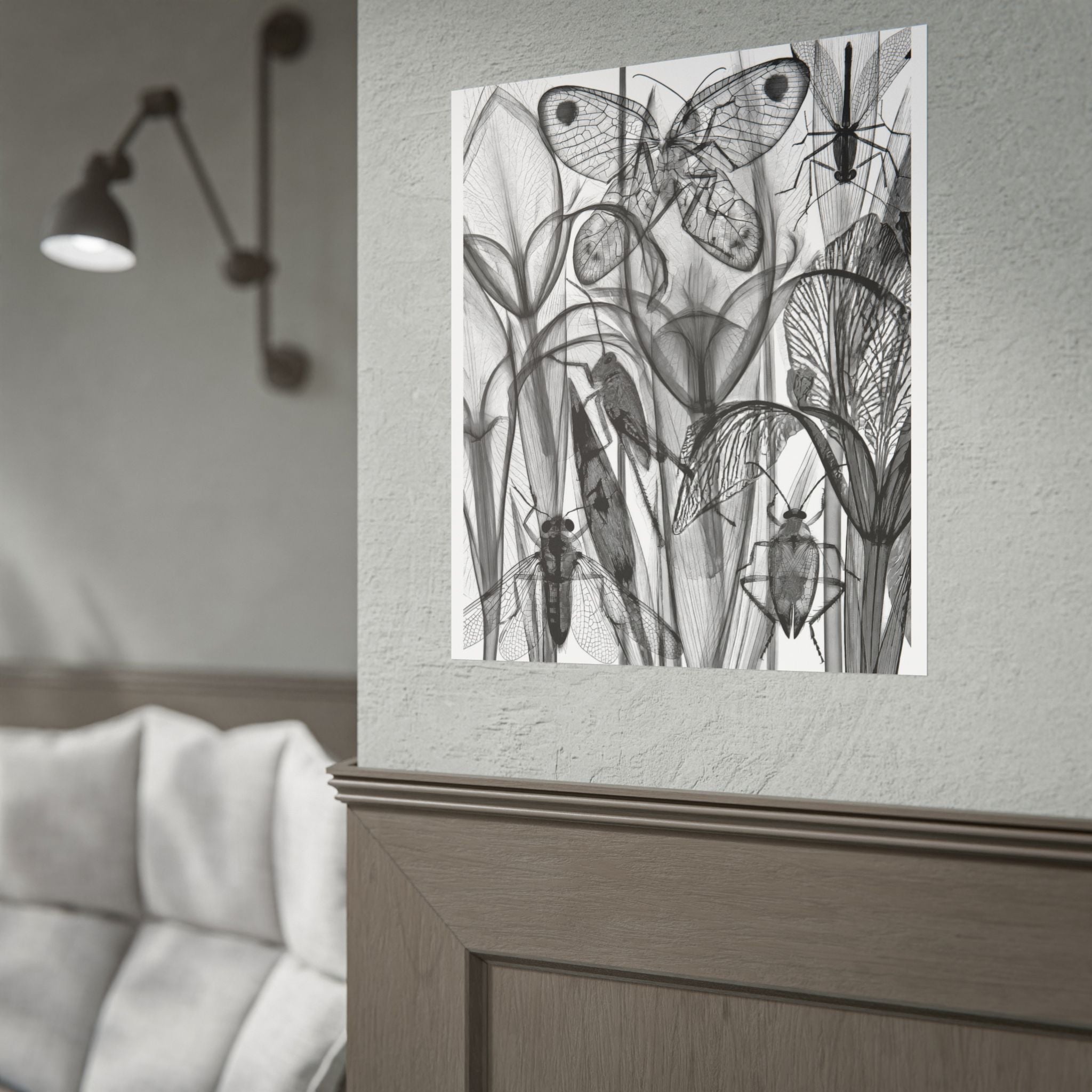 Monochrome Botanical Insects Rolled Poster — X-Ray Style Nature Art Print