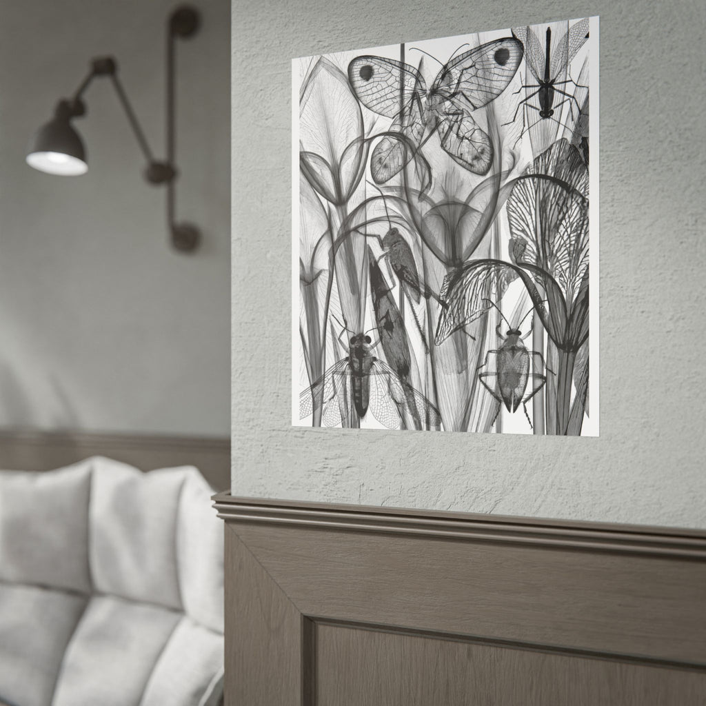 Botanical Insect X‑Ray Rolled Poster — Monochrome Moths & Beetles Art Print