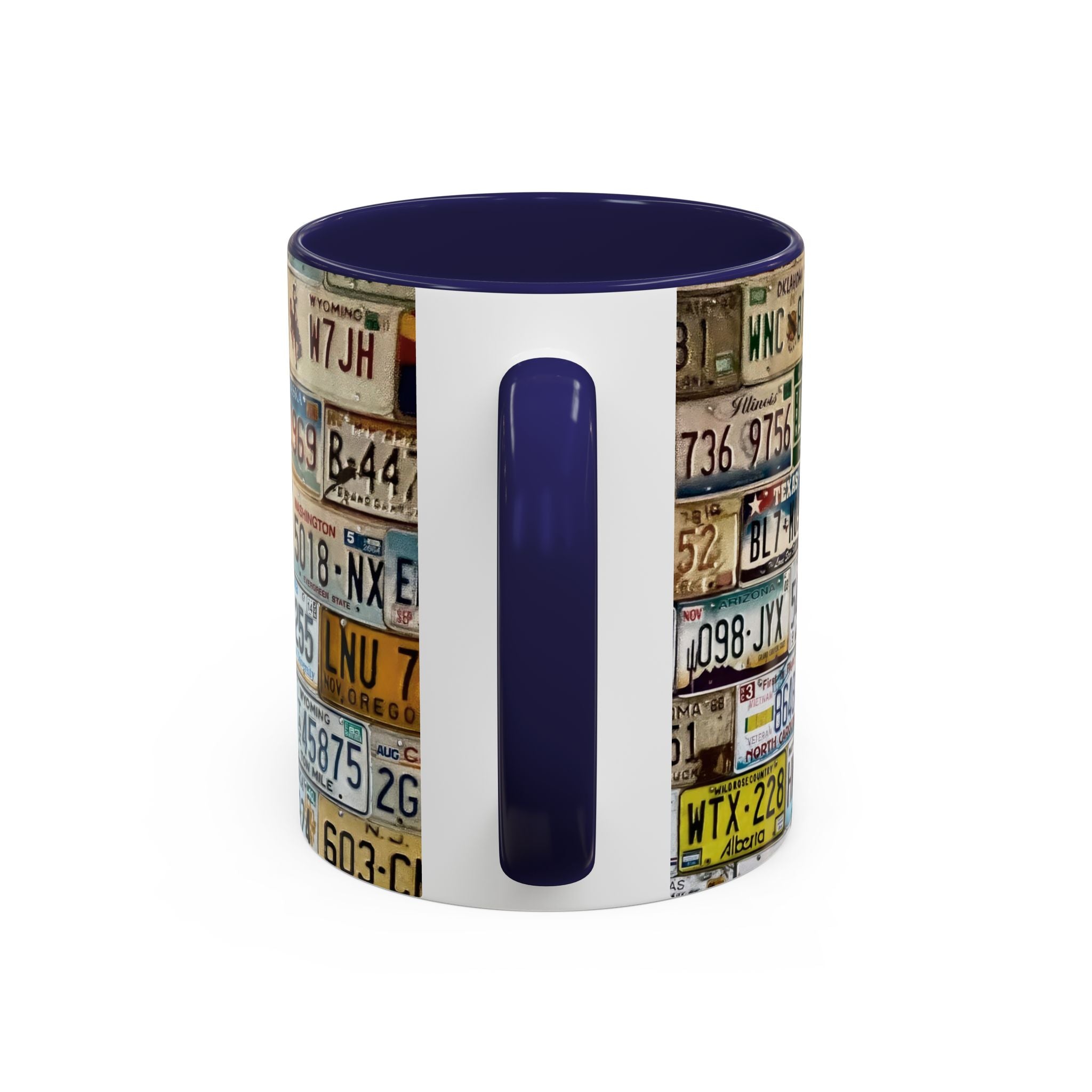 License Plate Collage Coffee Mug — Route 66, Vintage Road Trip Accent Mug
