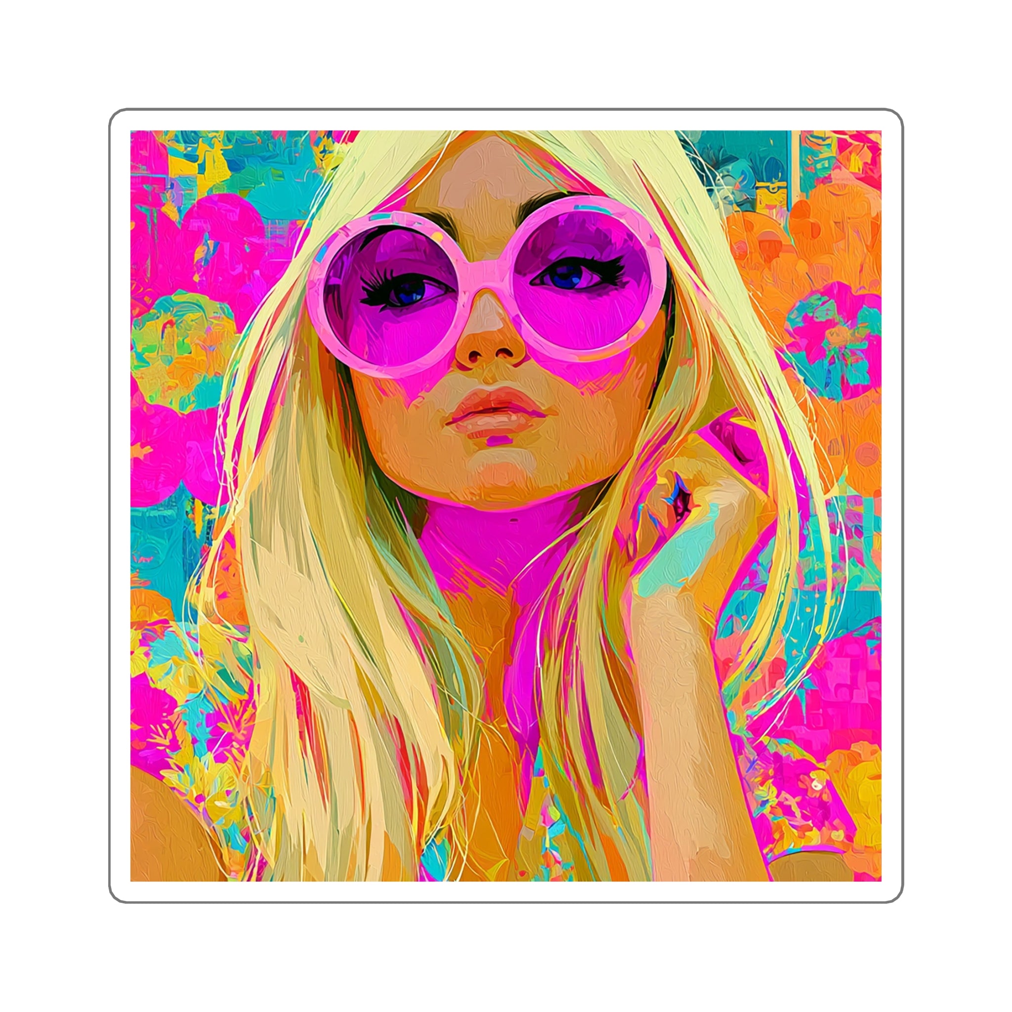 Pop Art Blonde Girl Square Sticker — Retro Neon Portrait Laptop Decal