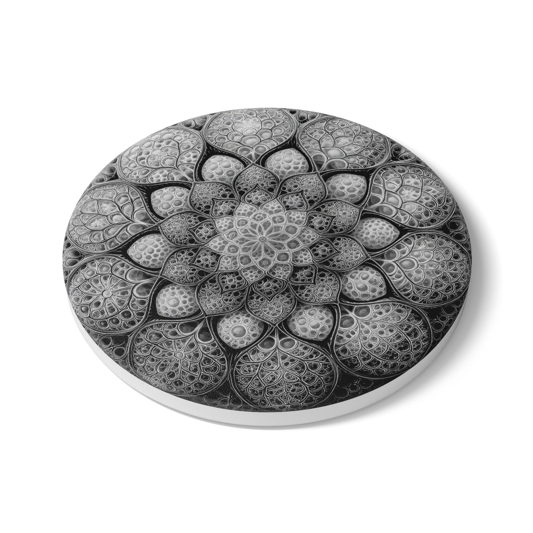 Mandala Ceramic Coaster — Monochrome Floral Geometric Drink Coaster