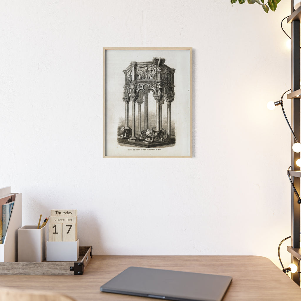 Model of Pulpit in the Baptistery at PISA. Antique Architectural Print Poster — Gothic Baptistery Illustration in Wooden Frame