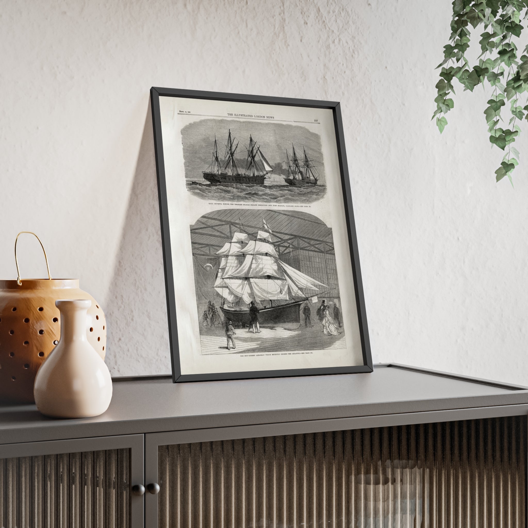 Vintage Nautical Ship Poster with Wooden Frame – Antique Sailing Print Wall Art