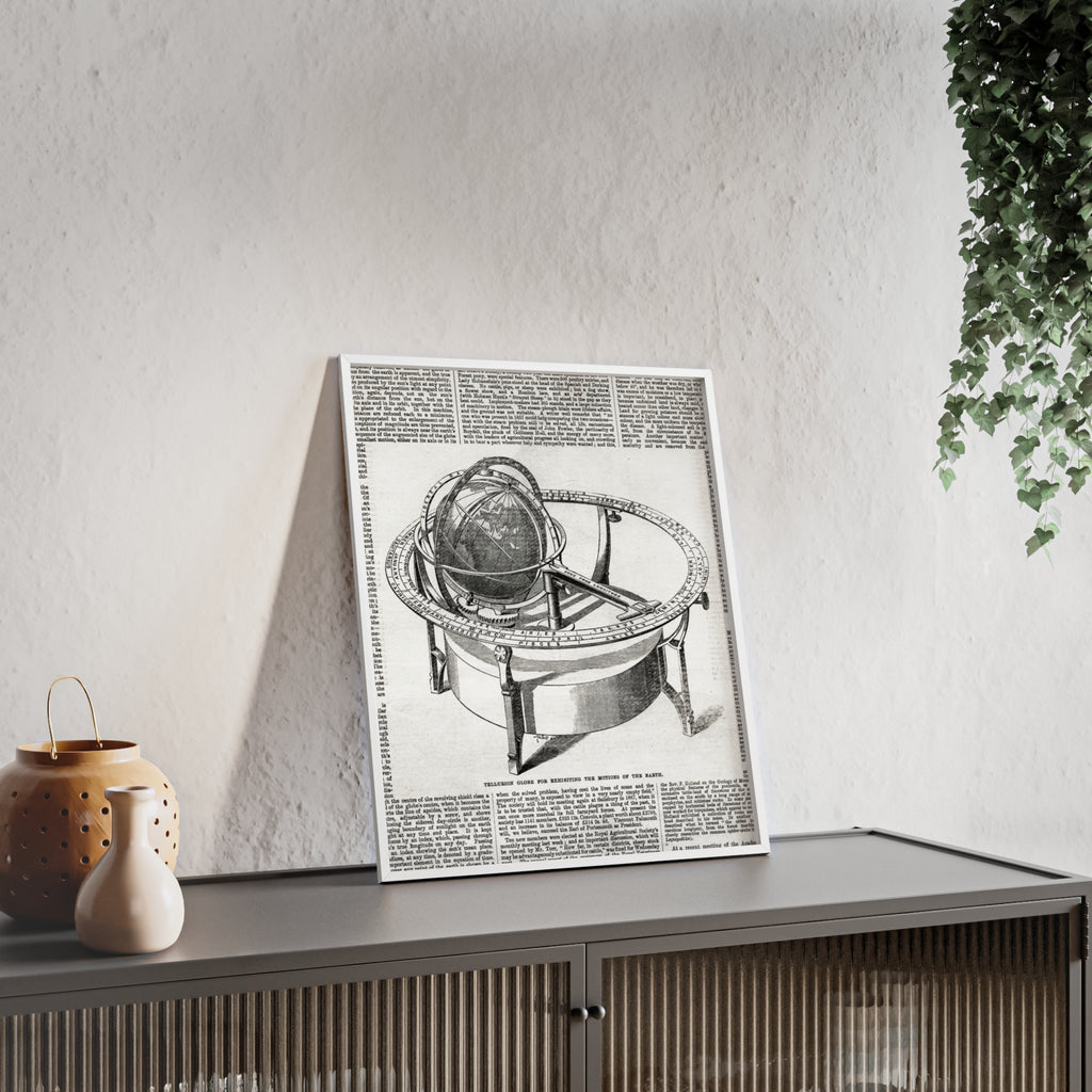 TELLURION GLOBE for Exhibiting the Motions of the Earth. Vintage Celestial Globe Poster with Wooden Frame — Antique Astronomy Wall Art