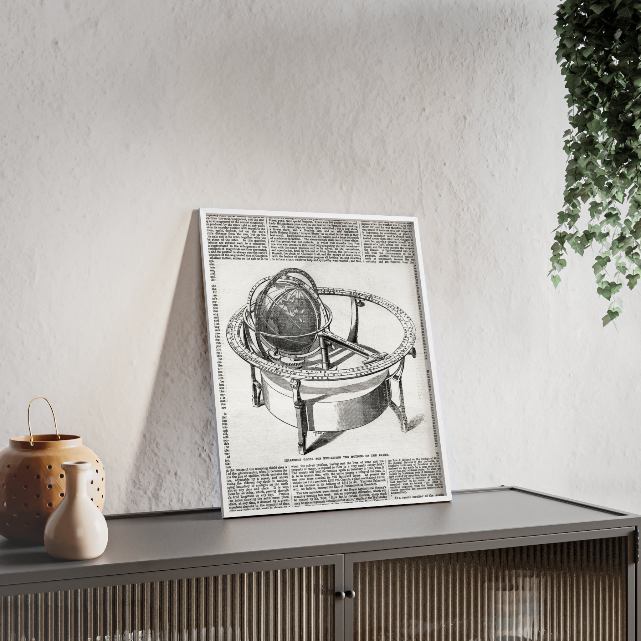 TELLURION GLOBE for Exhibiting the Motions of the Earth. Vintage Celestial Globe Poster with Wooden Frame — Antique Astronomy Wall Art