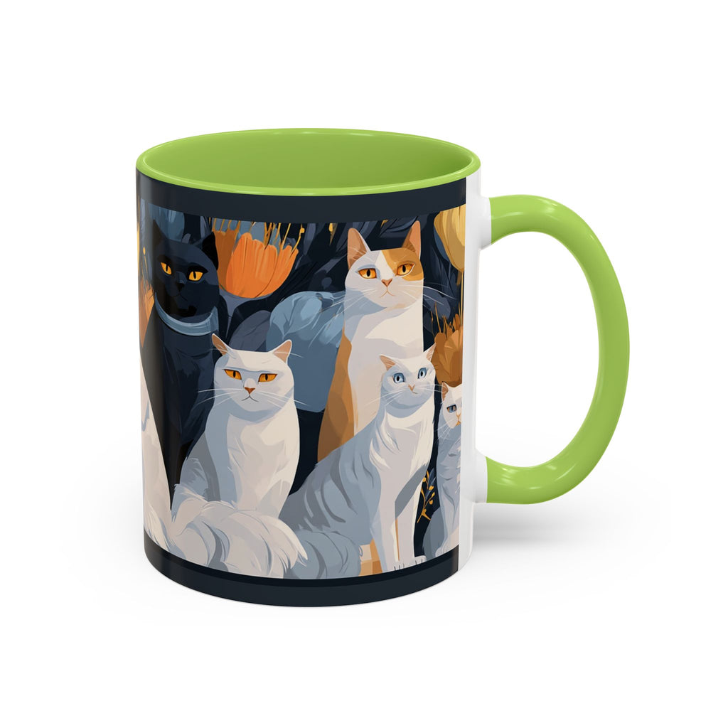 Cat Pattern Accent Coffee Mug — Illustrated Cats Floral Night Design (11/15oz)