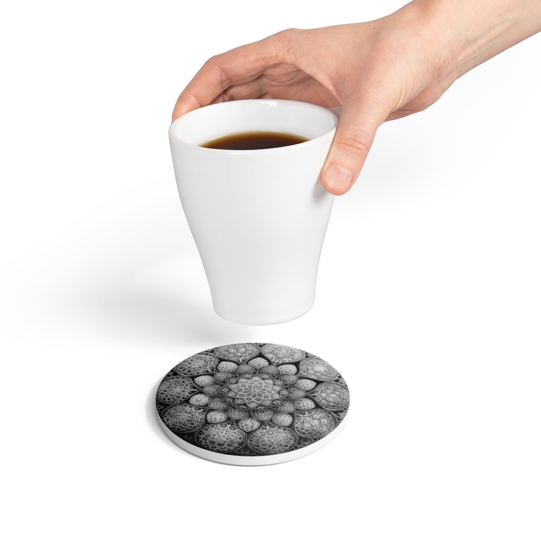 Mandala Ceramic Coaster — Monochrome Floral Geometric Drink Coaster