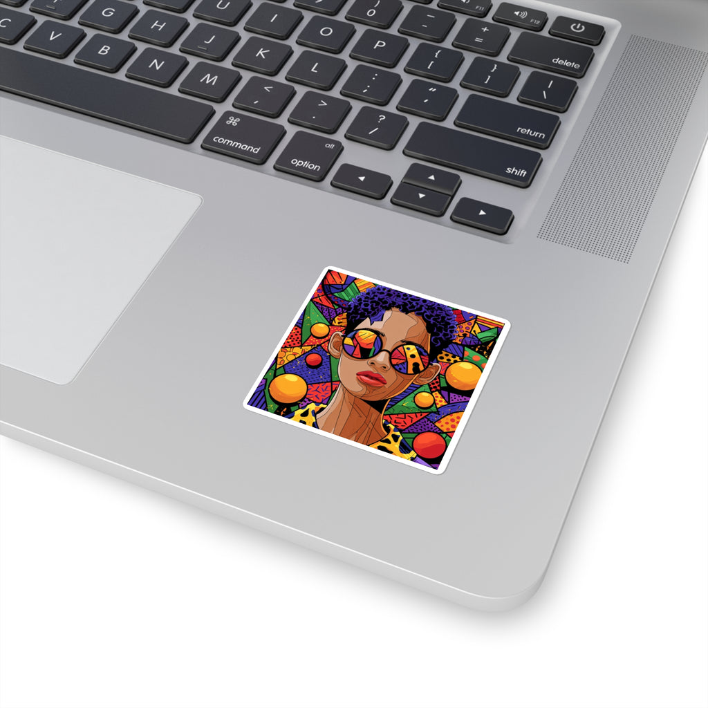 Vibrant Afro Pop Art Square Sticker — Colorful Retro Woman with Sunglasses