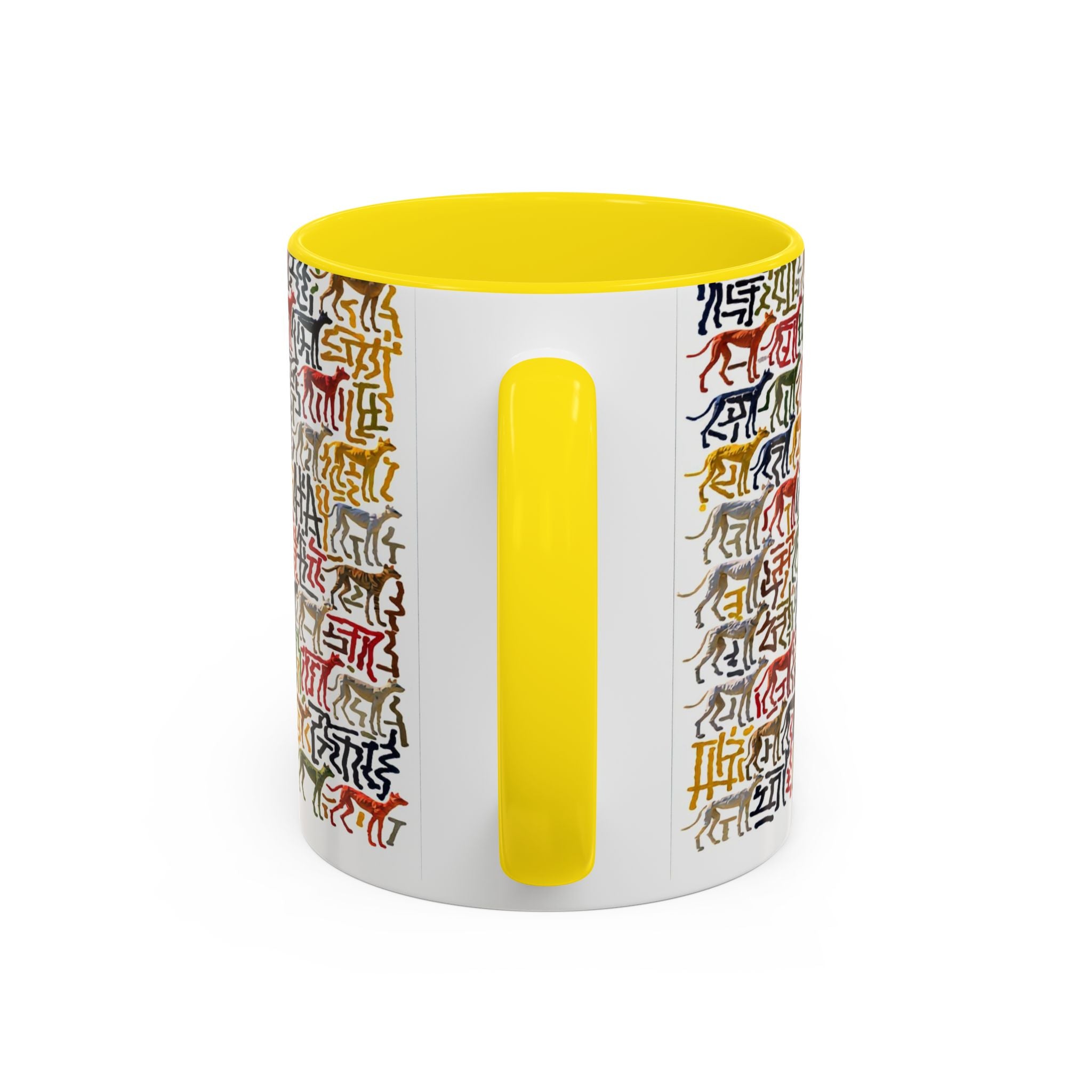 Greyhound Silhouette Accent Coffee Mug — Colorful Script Dog Pattern (11/15oz)
