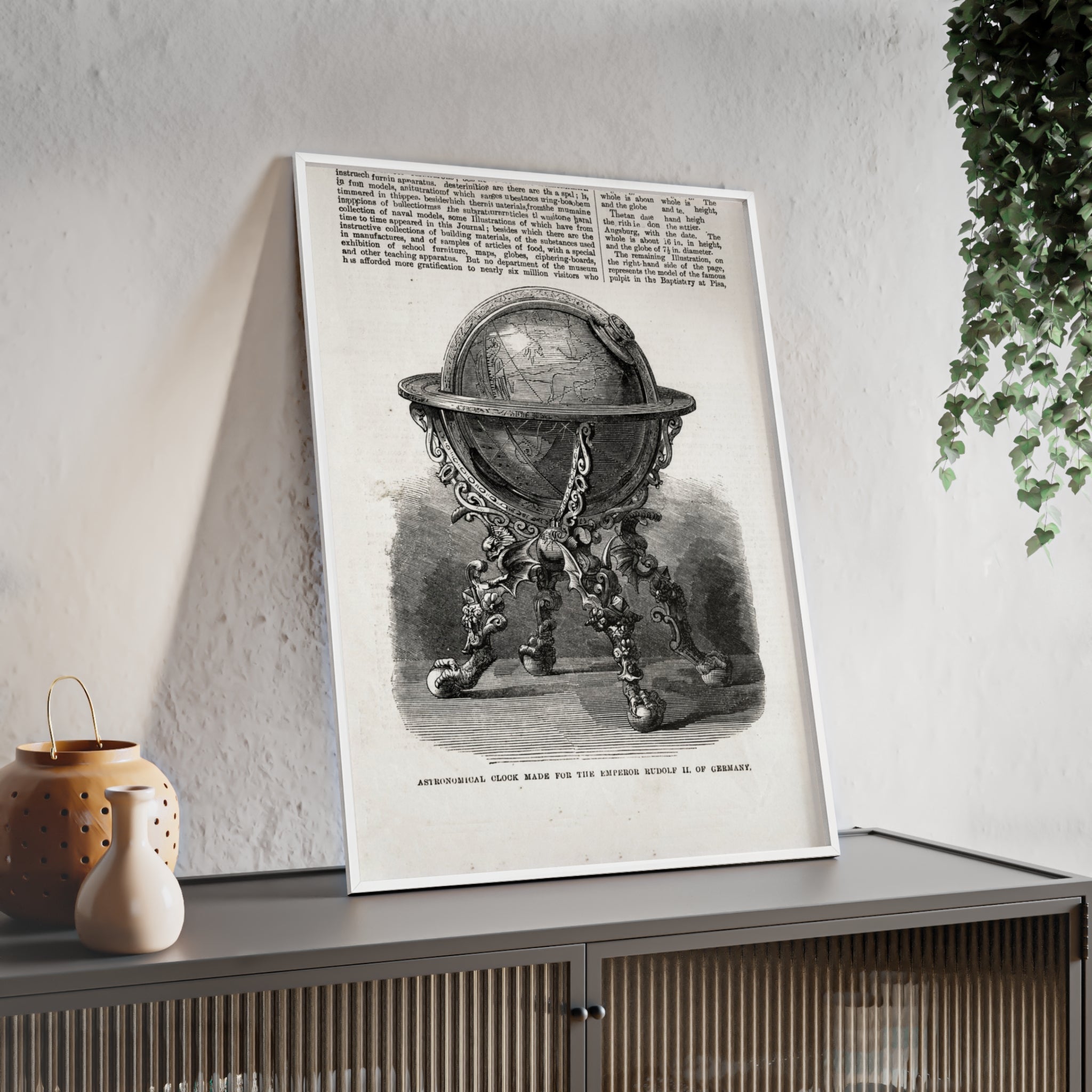 Astronomical Clock made for the Emperor RUDOLPH II, of Germany. Vintage Globe Illustration Poster with Wooden Frame — Antique Map Print