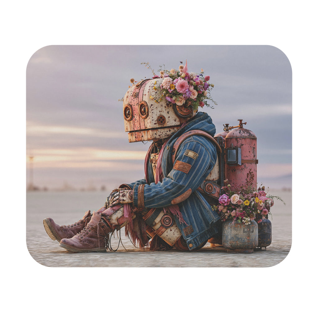 Rustic Floral Robot Mouse Pad — Cute Steampunk Desk Mat for Gamers & Creatives