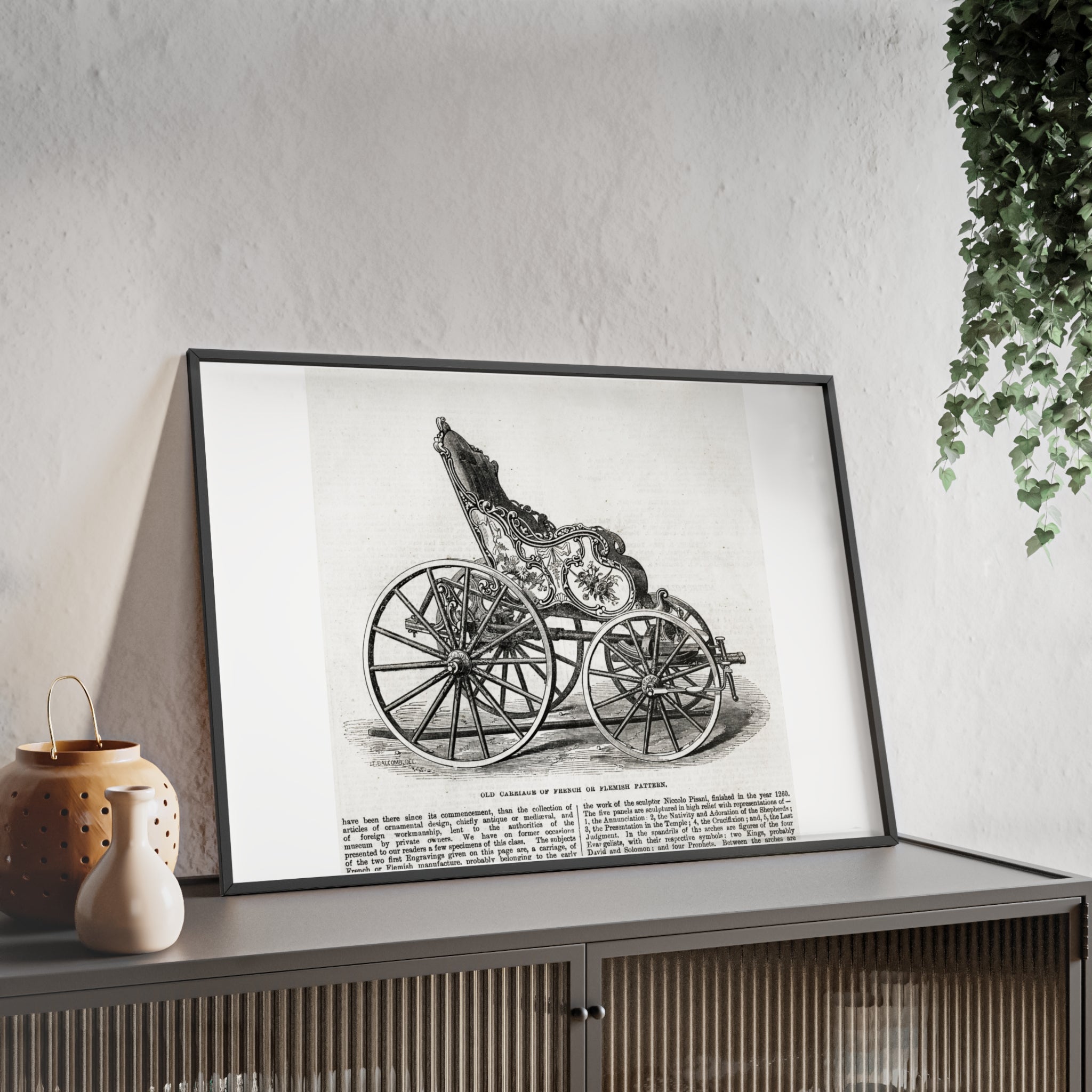 Old Carriage of French or Flemish Pattern. Vintage Carriage Print Poster with Wooden Frame — Antique Transportation Wall Art