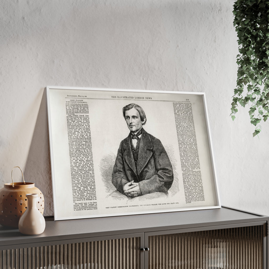 OSSIP IVANOFF, the peasant who saved the CZAR's Life. Vintage Illustrated Portrait Poster with Wooden Frame — Antique Newspaper Art Print
