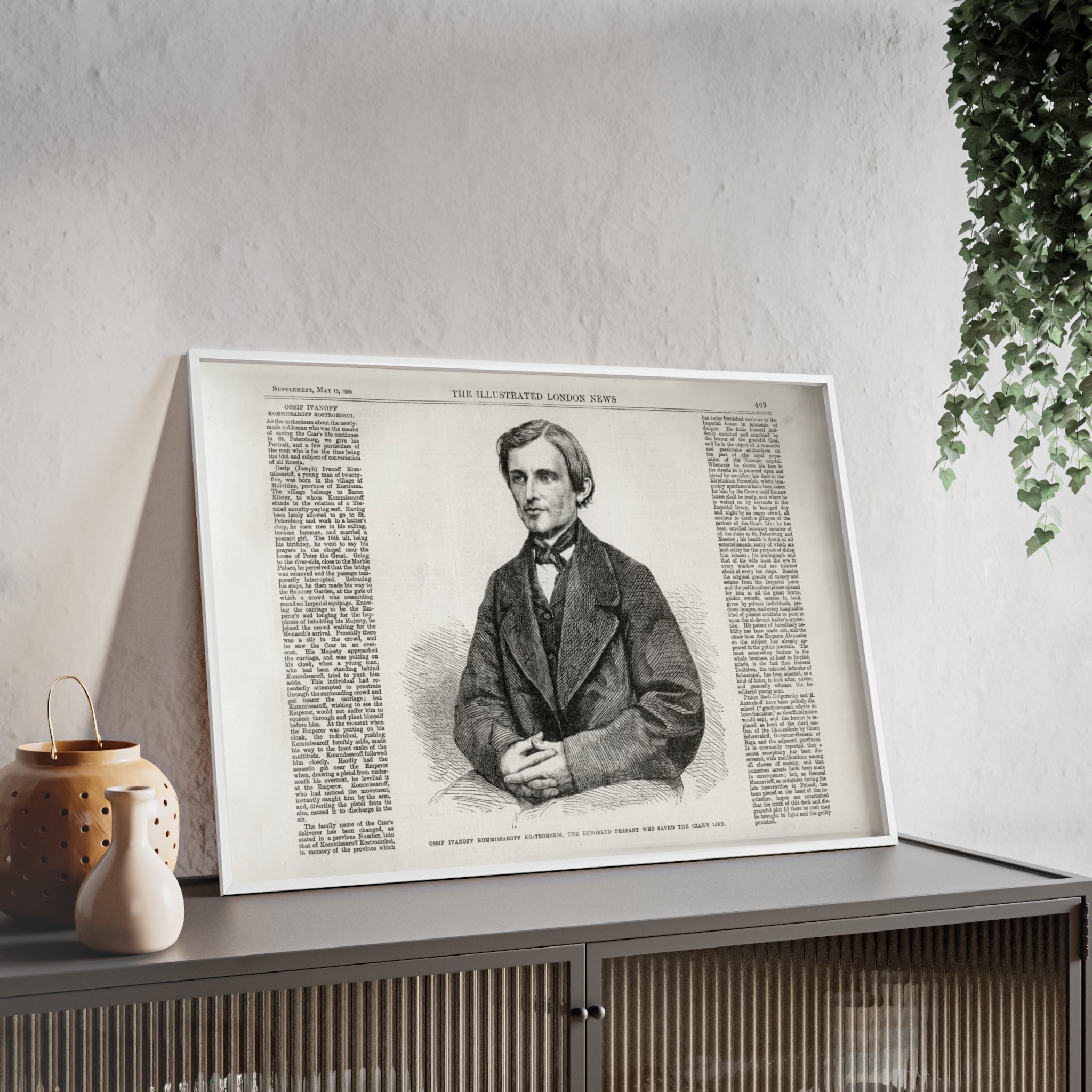 OSSIP IVANOFF, the peasant who saved the CZAR's Life. Vintage Illustrated Portrait Poster with Wooden Frame — Antique Newspaper Art Print