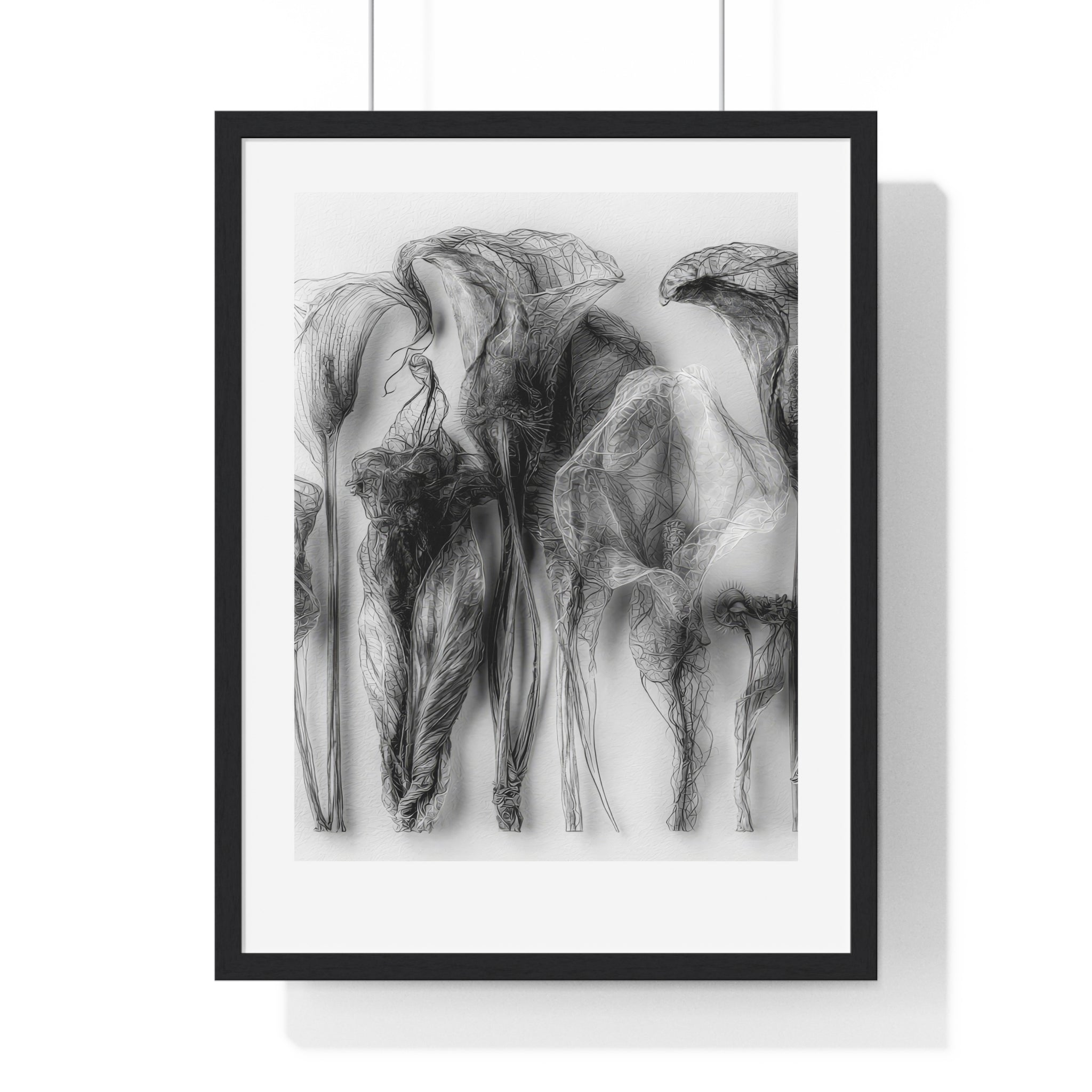Abstract Smoke Floral Poster — Black & White Vertical Framed Art Print