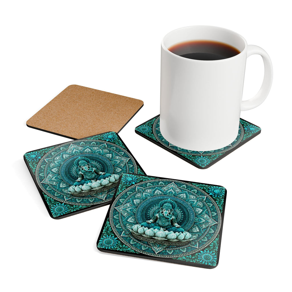Teal Ganesha Mandala Cork Coaster Set — Boho Spiritual Drink Coasters (4-Pack)