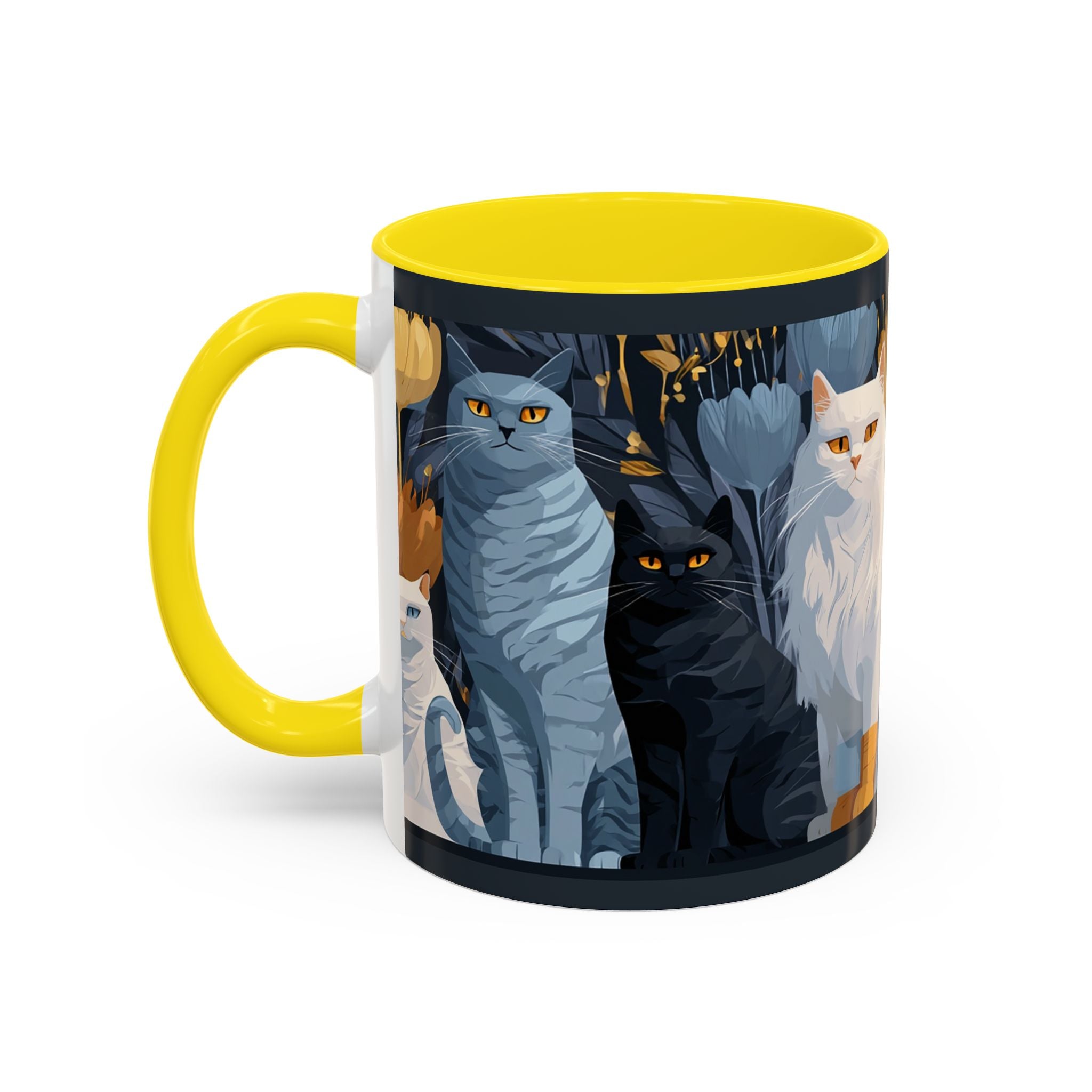 Cat Pattern Accent Coffee Mug — Illustrated Cats Floral Night Design (11/15oz)
