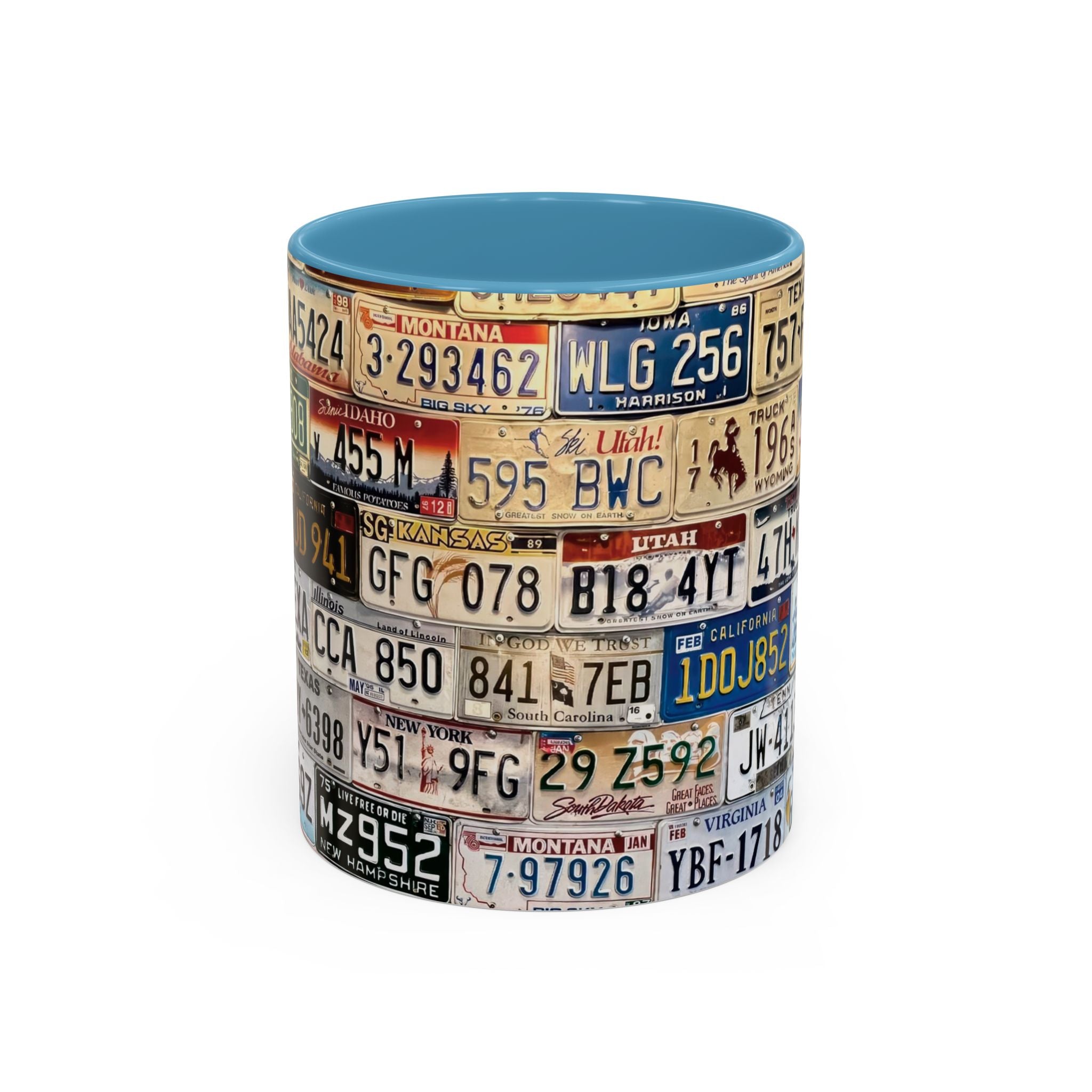 License Plate Collage Coffee Mug — Route 66, Vintage Road Trip Accent Mug
