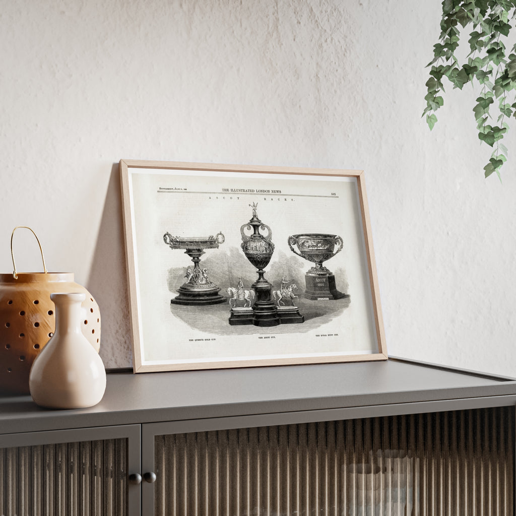 The ASCOT Races. Vintage Trophy Engraving Poster with Wooden Frame