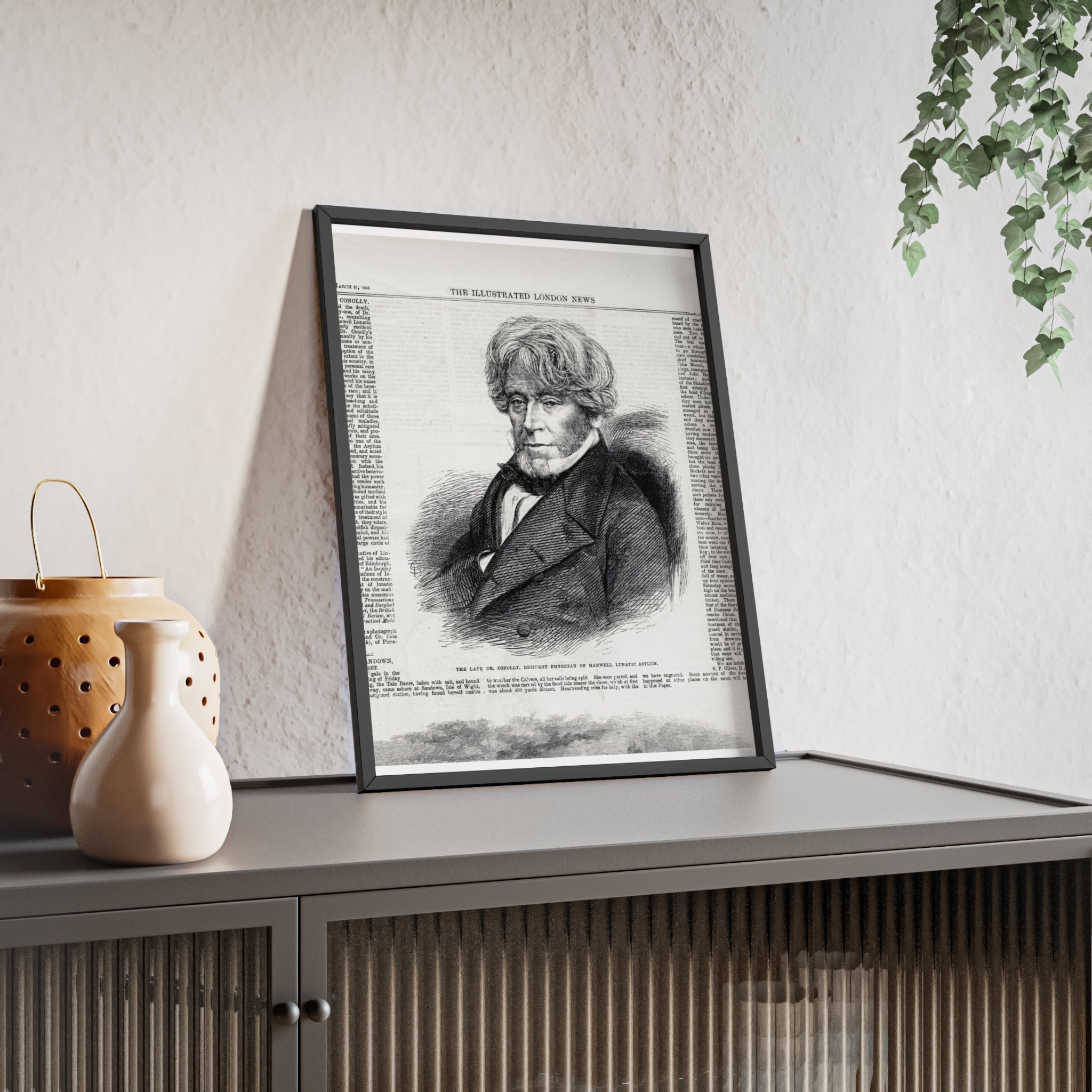 Dr. Conolly, Resident Physician of Hanwell Lunatic Asylum. Framed Vintage Portrait Print — Antique Newspaper Illustration Poster