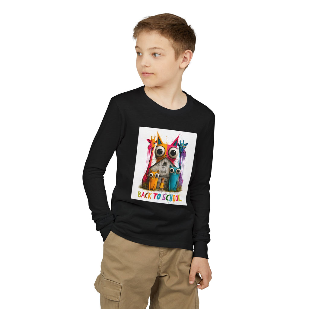 Back to School Youth Long Sleeve Tee — Colorful Owl Schoolhouse Design