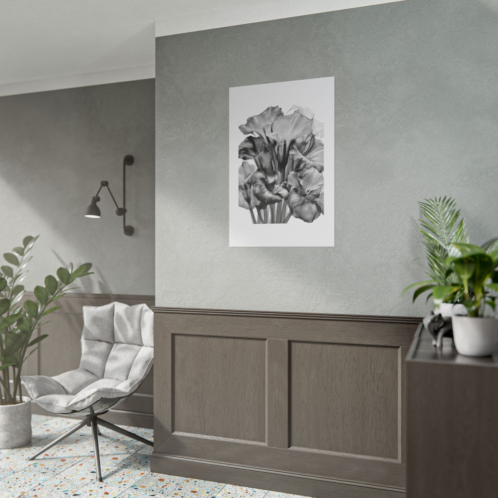 Black & White Iris Botanical Poster — Monochrome Floral Wall Art (Rolled Poster)