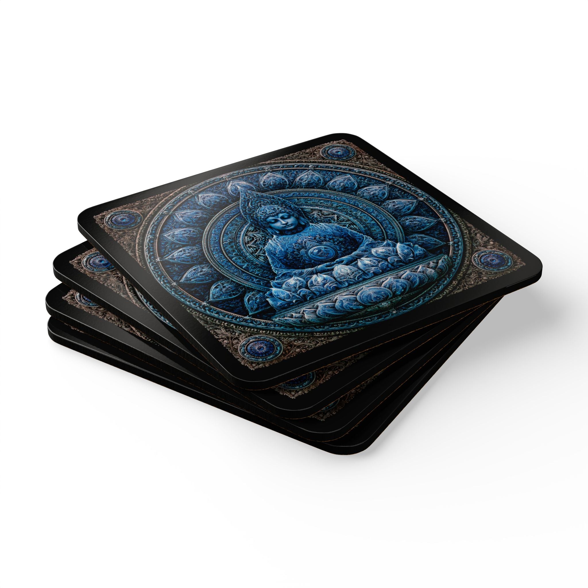 Blue Buddha Cork Coaster Set — Zen Meditation Drink Coasters