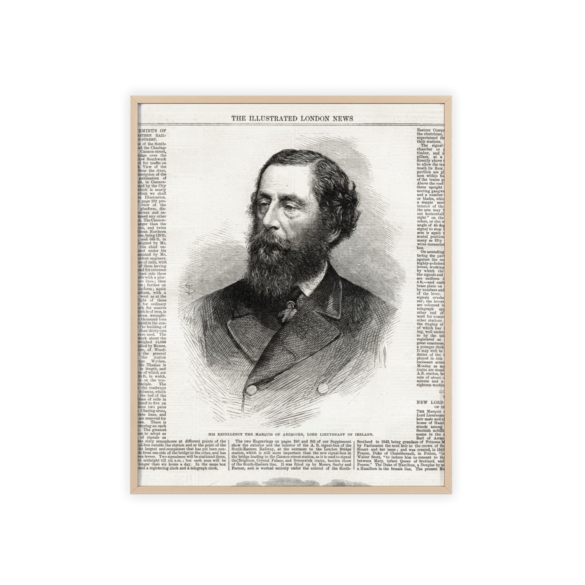 His Excellency the Marquis of Abercorn, Lord Lieutenant of Ireland. Vintage Illustrated Portrait Poster with Wooden Frame — Antique Newspaper Print
