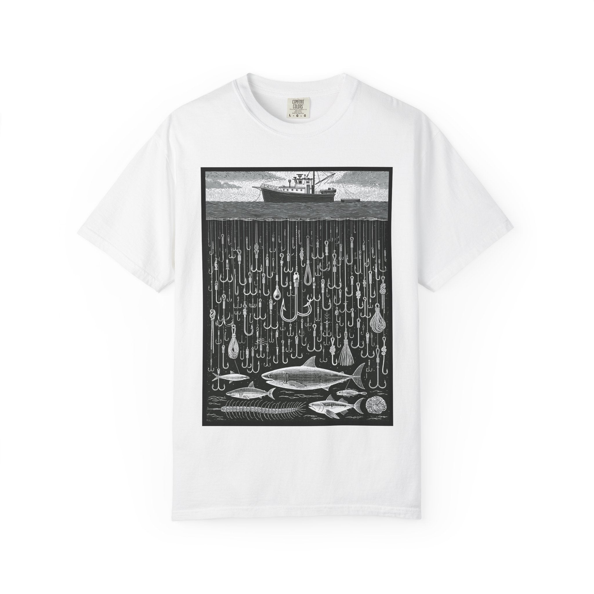 Fishing Boat & Hooks Graphic T-Shirt — Ocean Conservation Art Tee