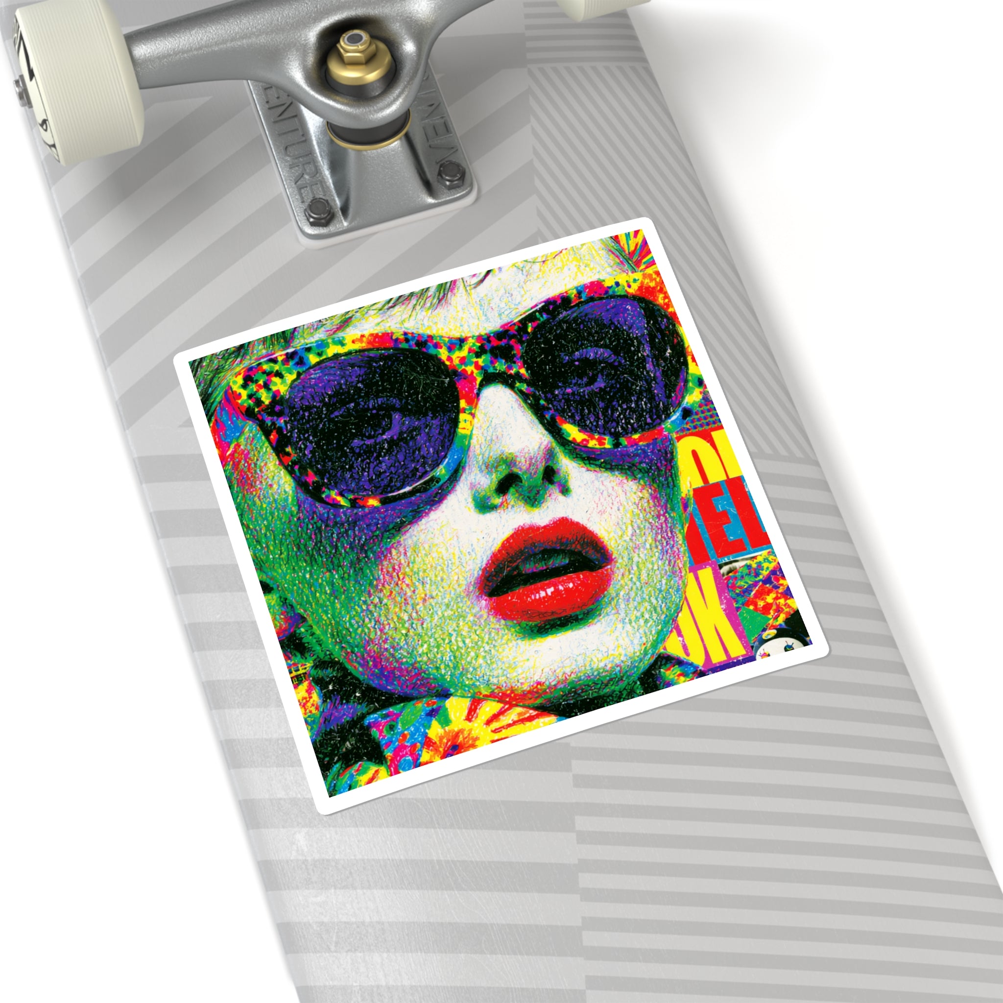 Pop Art Sunglasses Square Sticker — Colorful Retro Portrait Decal