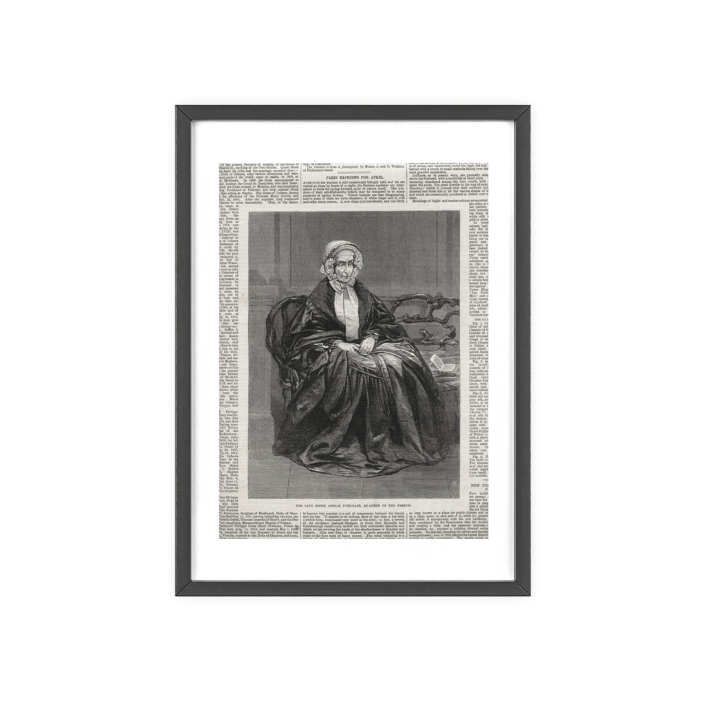 The Late Marie Amelie D'Orleans, Ex-Queen of the French. Vintage Portrait Newspaper Art Poster with Black Wooden Frame